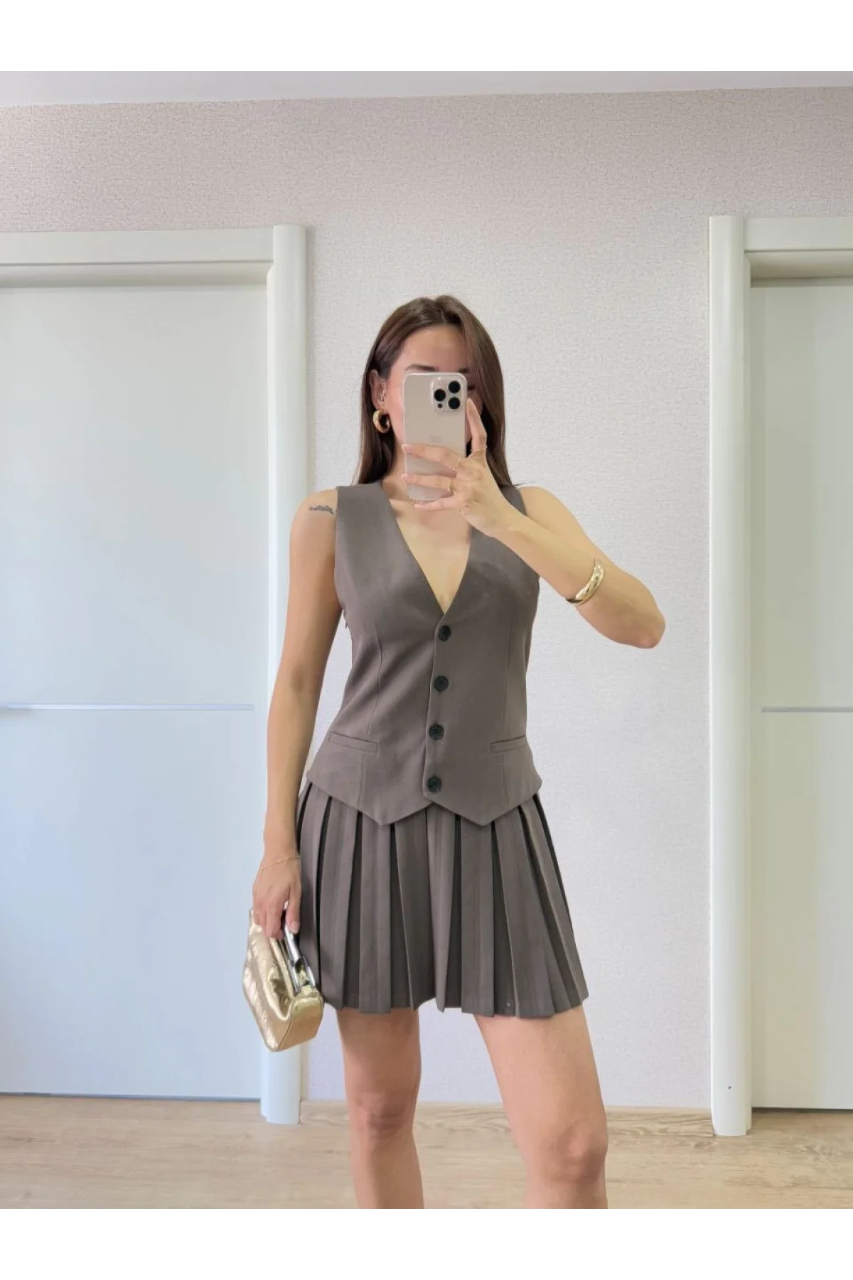 Keten Takım Görünümlü Düğme Detaylı Yelekli Mini Elbise - Füme