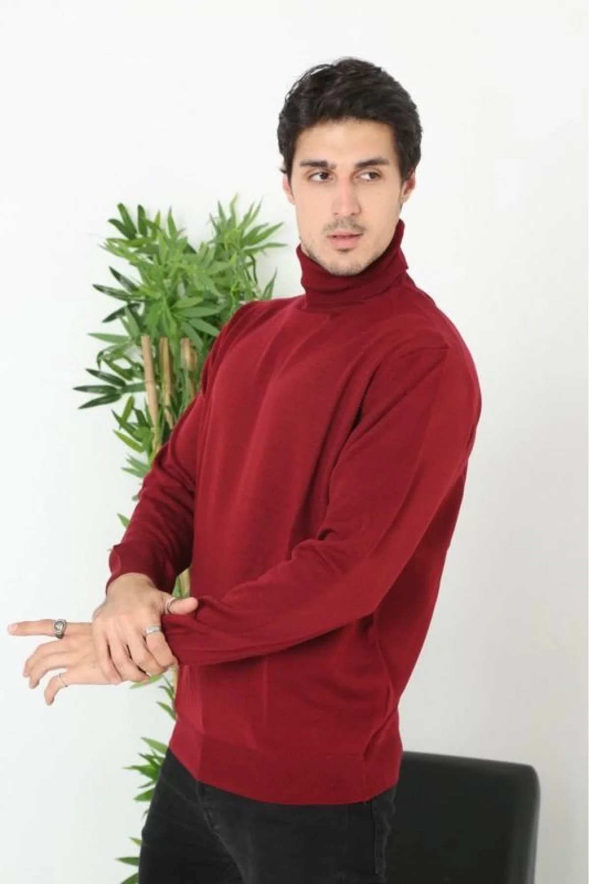 Erkek Tam Boğazlı Balıkçı Yaka Kazak Uzun Kol Düz Dokuma Triko - Bordo