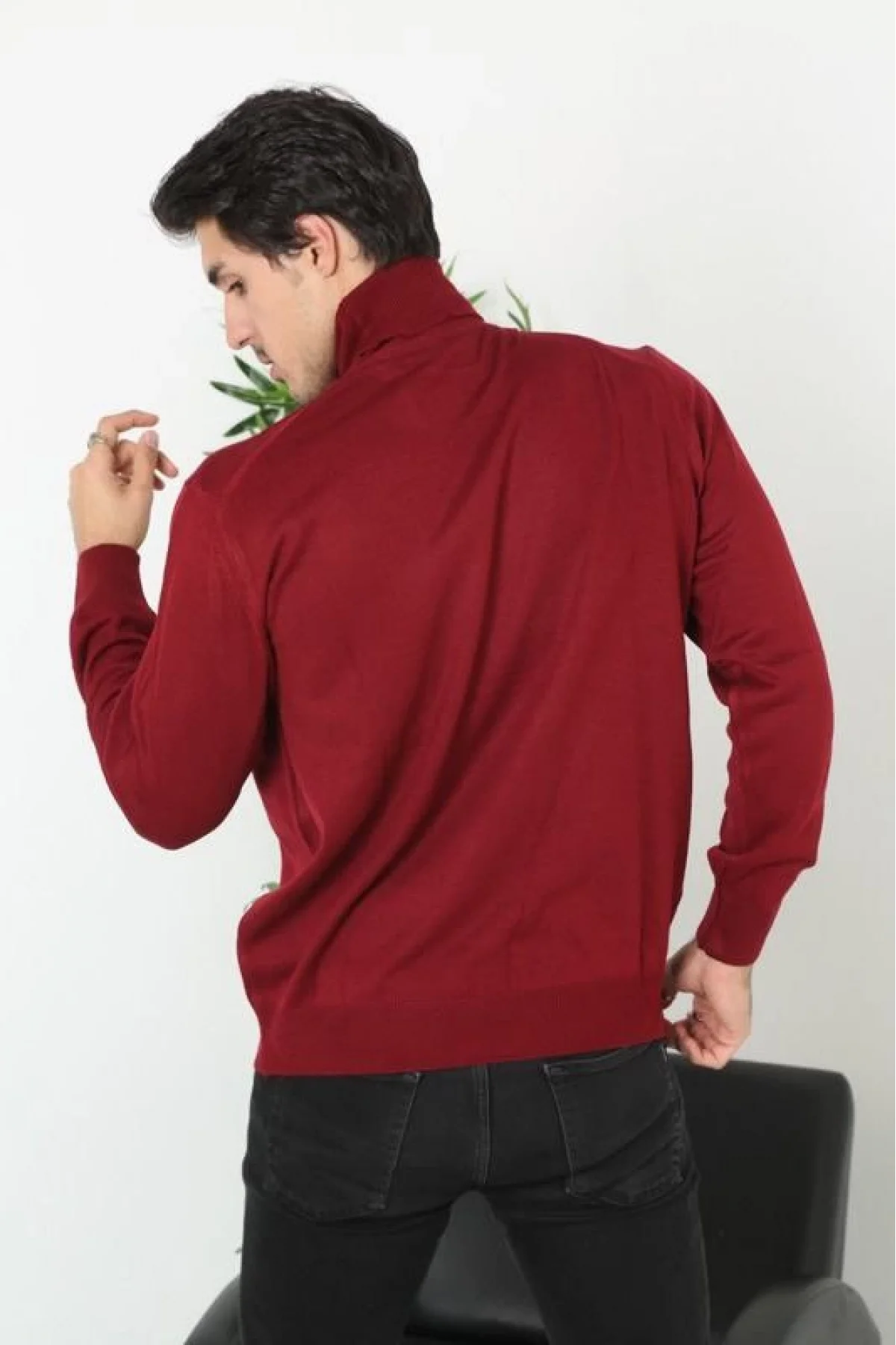Erkek Tam Boğazlı Balıkçı Yaka Kazak Uzun Kol Düz Dokuma Triko - Bordo