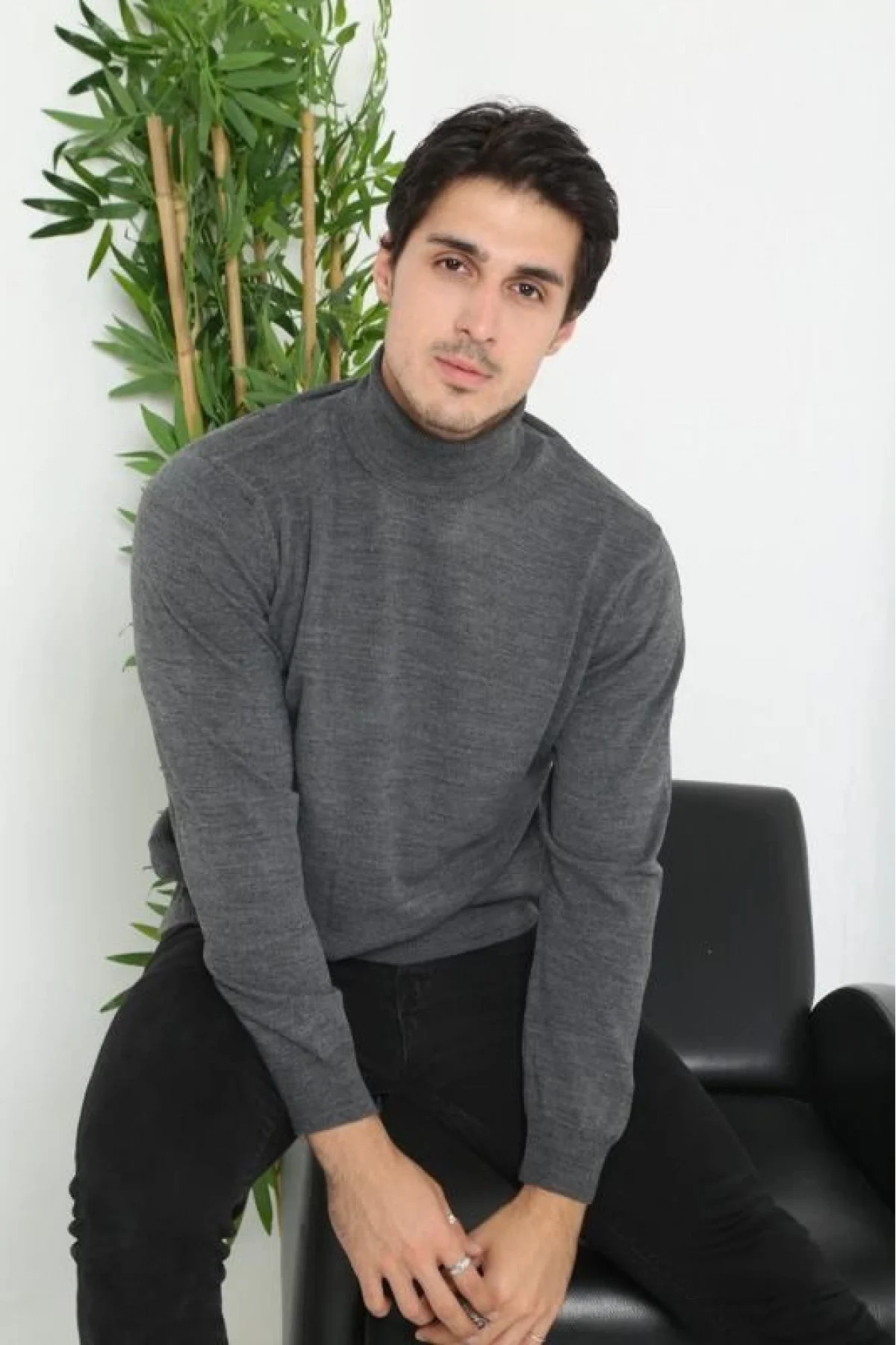 Erkek Tam Boğazlı Balıkçı Yaka Kazak Uzun Kol Düz Dokuma Triko - Füme