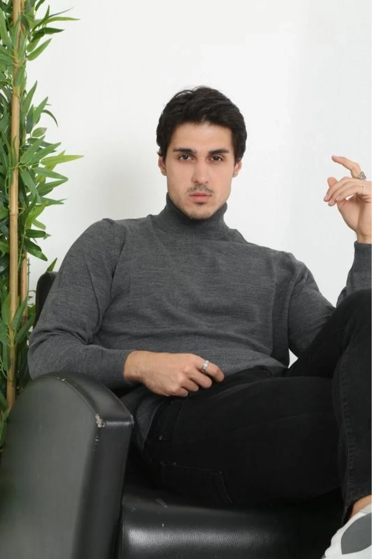 Erkek Tam Boğazlı Balıkçı Yaka Kazak Uzun Kol Düz Dokuma Triko - Füme