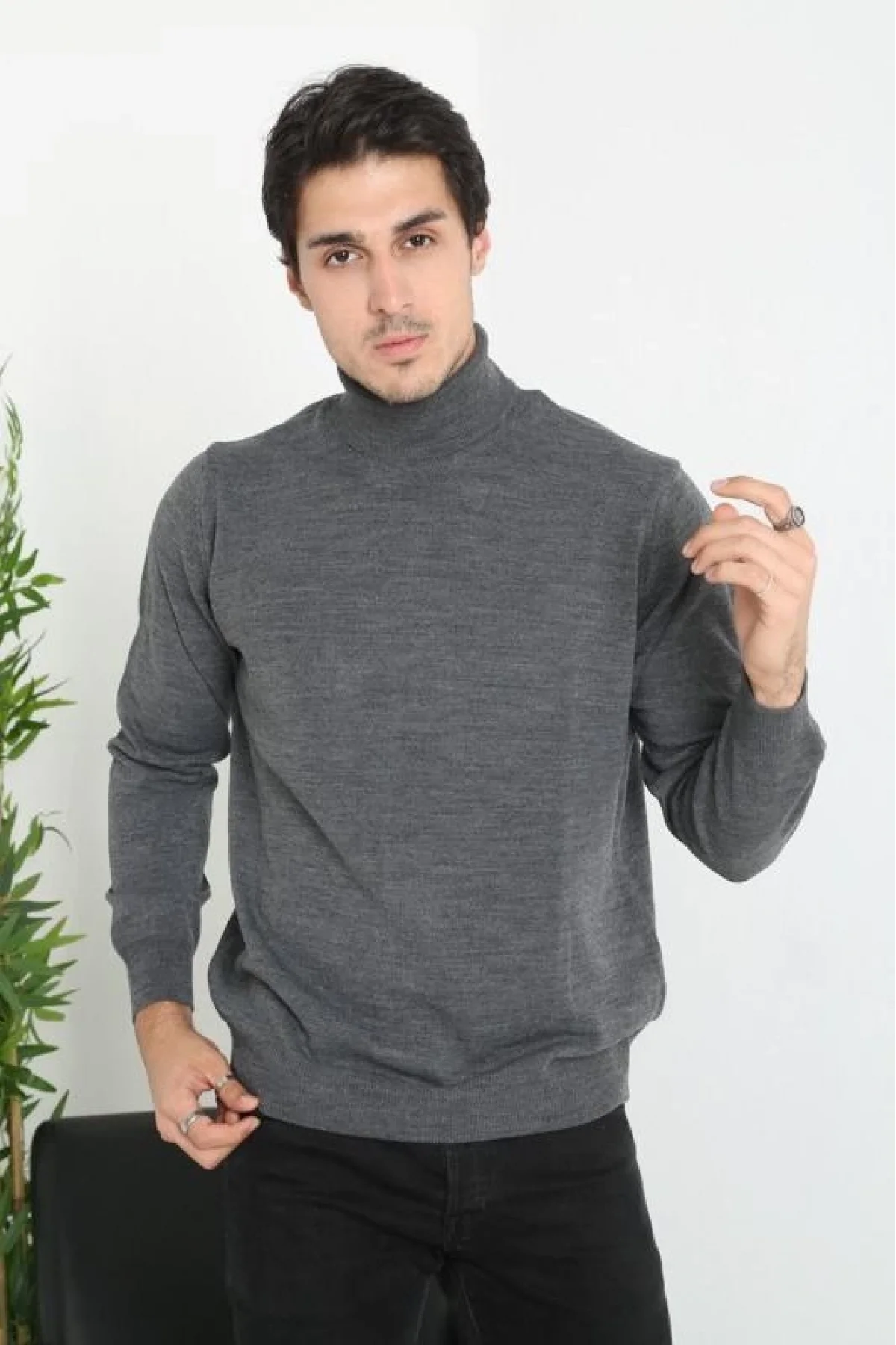 Erkek Tam Boğazlı Balıkçı Yaka Kazak Uzun Kol Düz Dokuma Triko - Füme