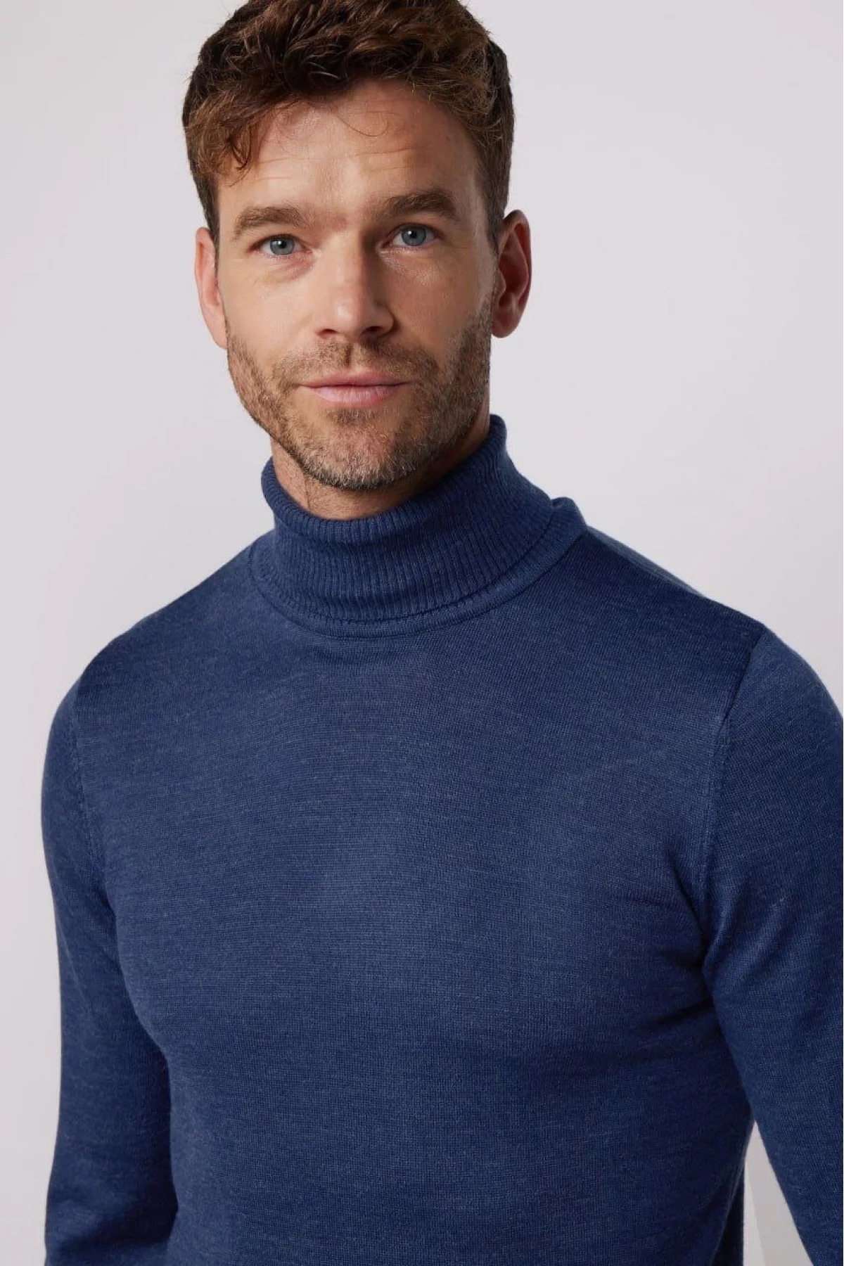 Erkek Tam Boğazlı Balıkçı Yaka Kazak Uzun Kol Düz Dokuma Triko - İndigo