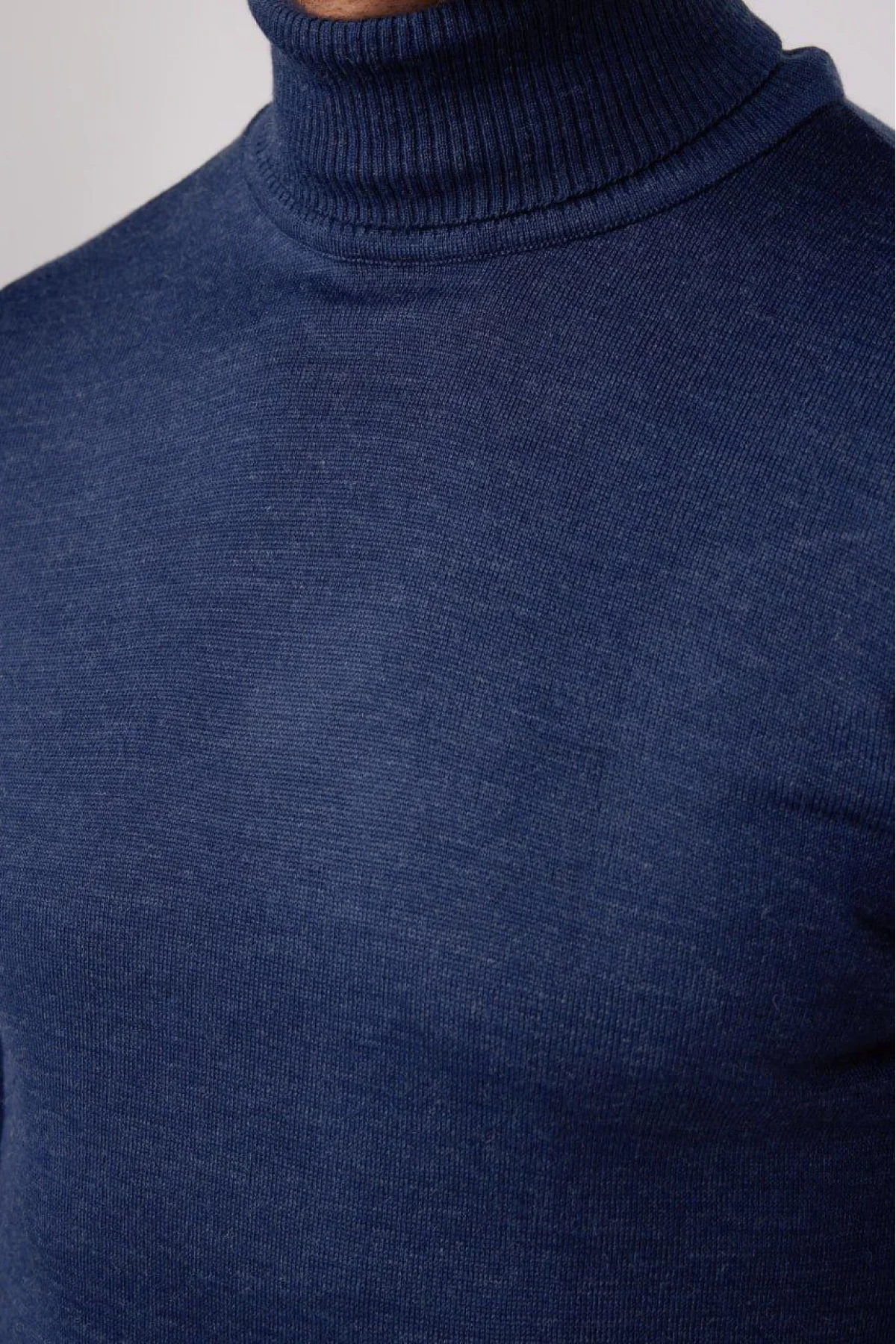 Erkek Tam Boğazlı Balıkçı Yaka Kazak Uzun Kol Düz Dokuma Triko - İndigo