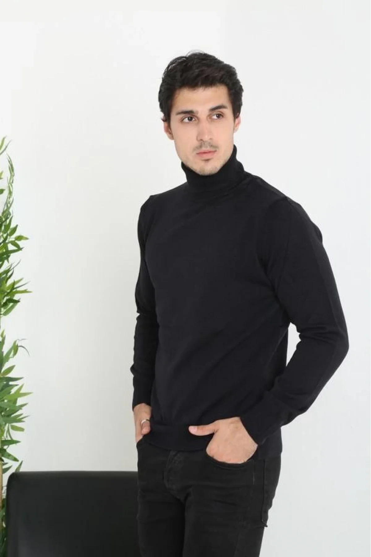 Erkek Tam Boğazlı Balıkçı Yaka Kazak Uzun Kol Düz Dokuma Triko - Siyah