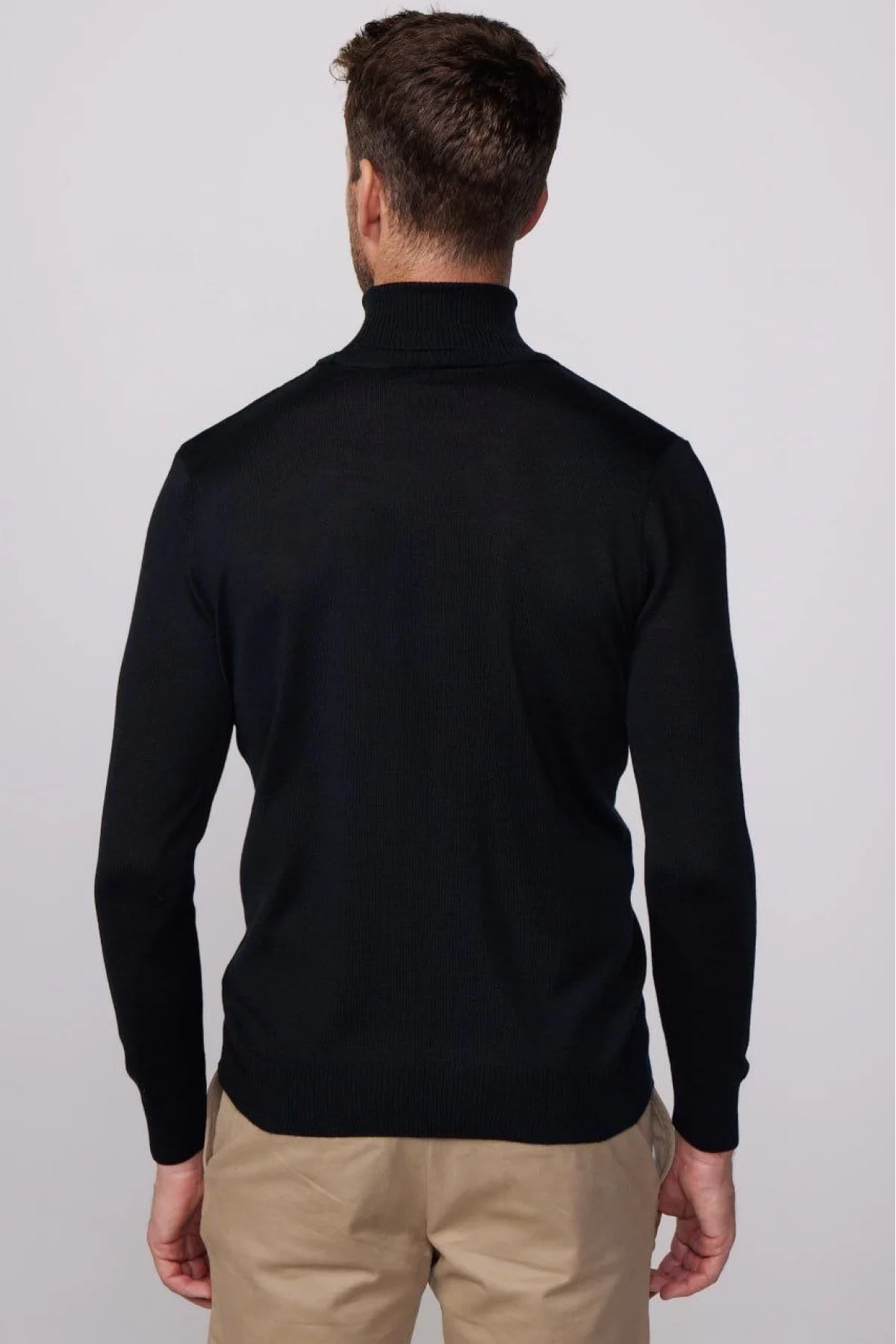 Erkek Tam Boğazlı Balıkçı Yaka Kazak Uzun Kol Düz Dokuma Triko - Siyah