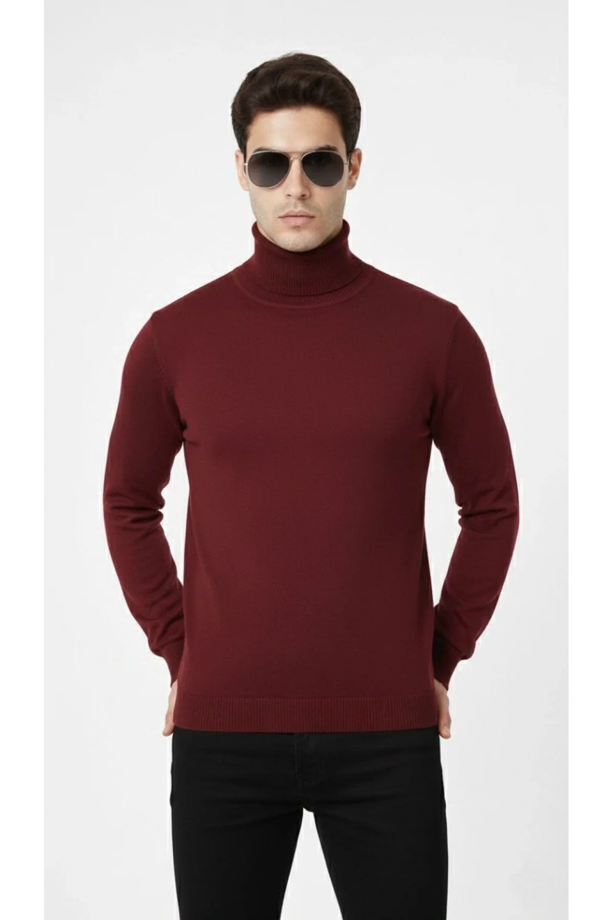 Tam Boğazlı Balıkcı Yaka Triko Kazak yumuşak dokulu Pamuklu ince Dokuma, uzun kollu Rahat Regular kalıp - Bordo