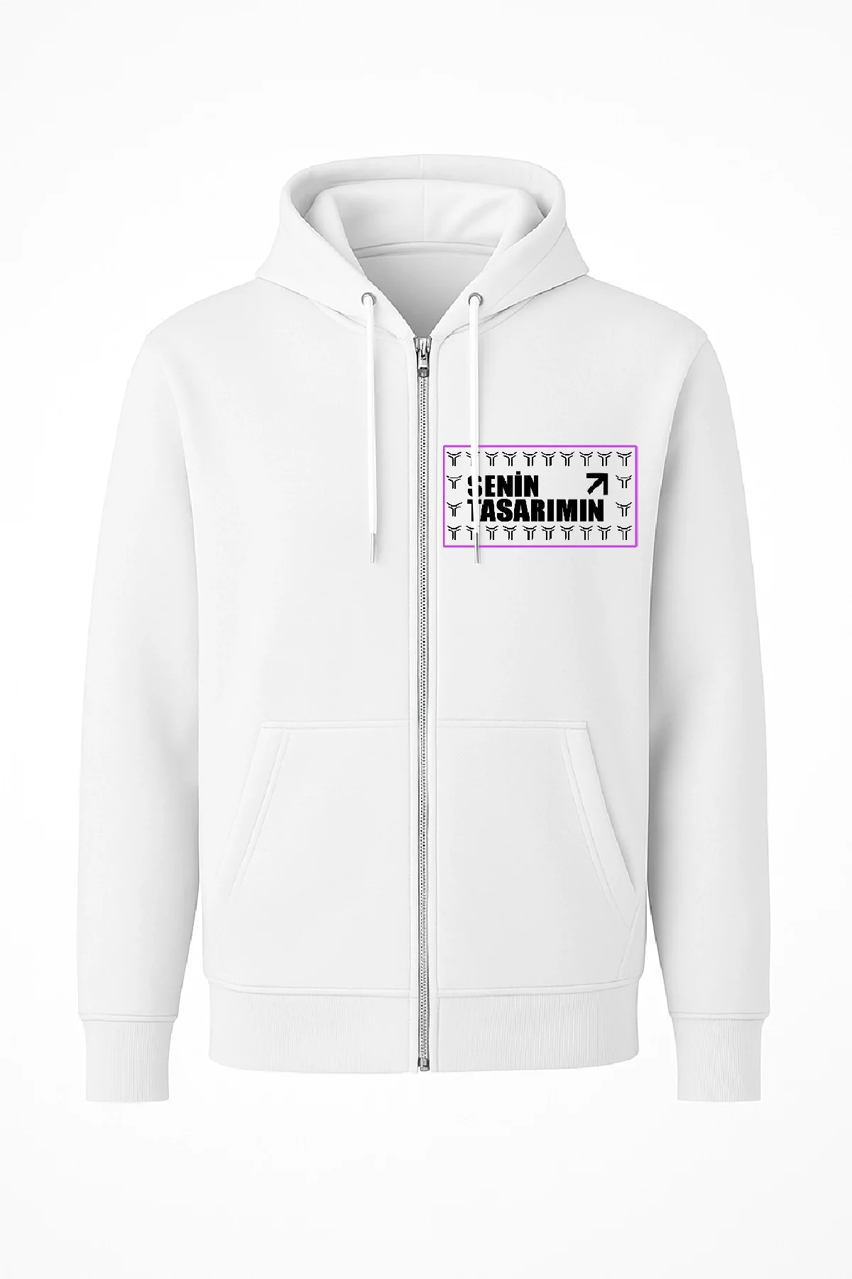 Ön Arka Tam Fermuarlı Kapüşonlu SweatShirt - Beyaz