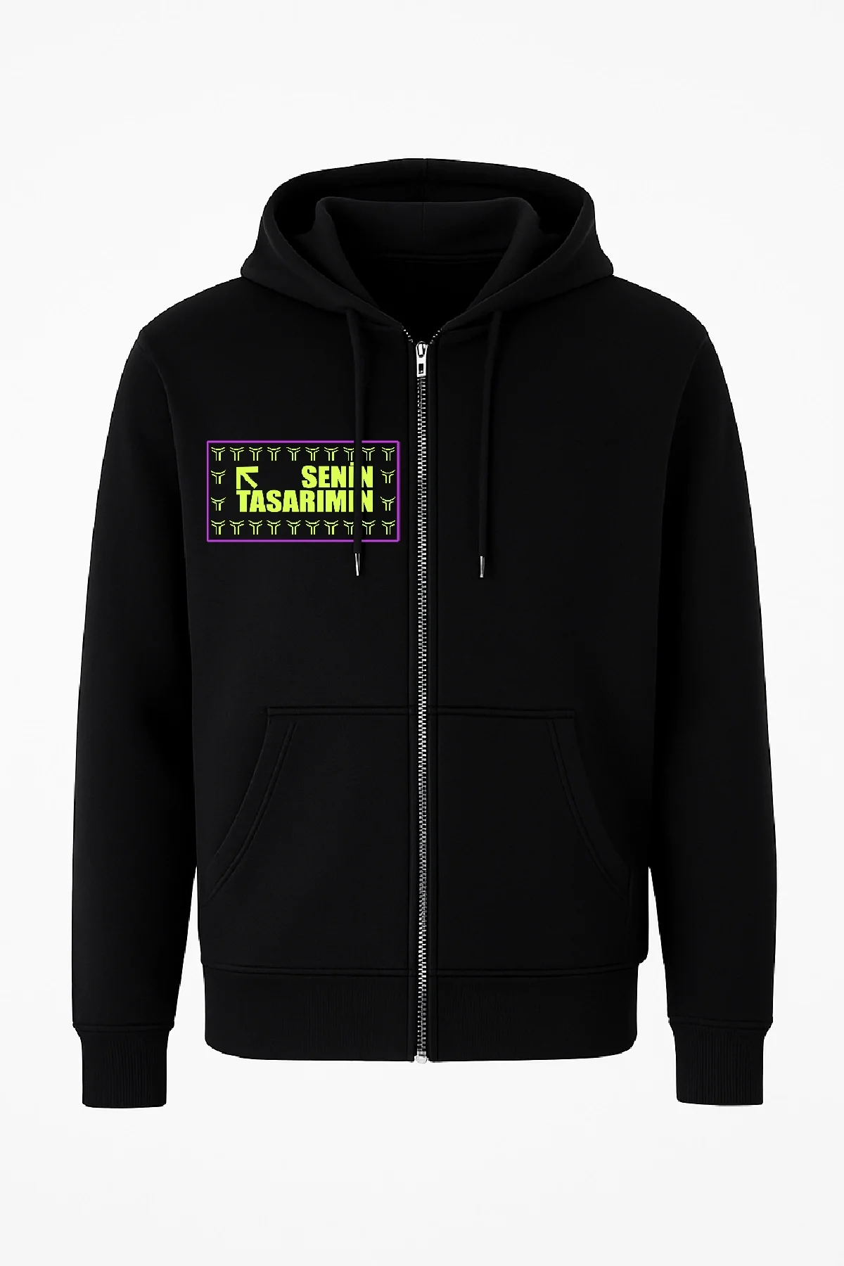 Ön Arka Tam Fermuarlı Kapüşonlu SweatShirt - Siyah