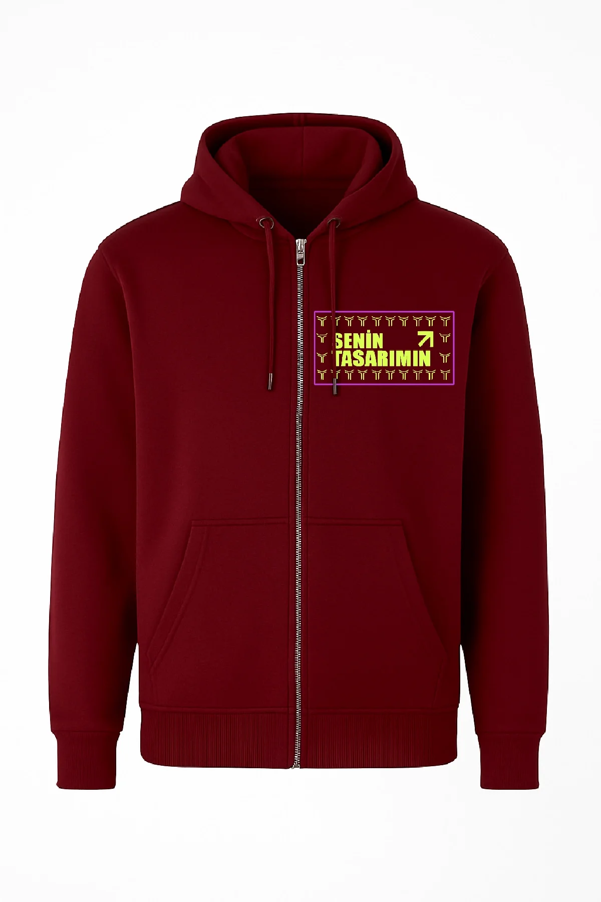 Ön Tam Fermuarlı Kapüşonlu SweatShirt - Bordo
