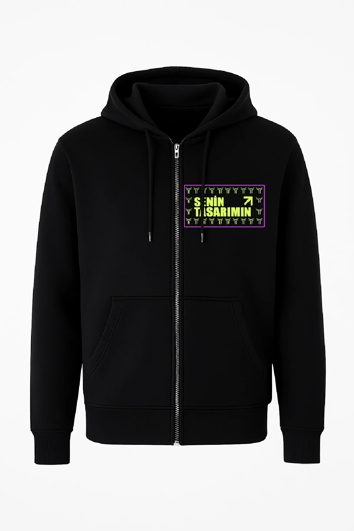 Ön Tam Fermuarlı Kapüşonlu SweatShirt - Siyah