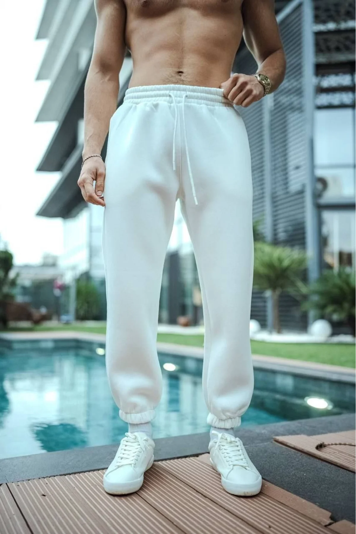 Erkek 3 İplik Pamuklu Paçası Lastikli Cepli Eşofman Pantolon - Beyaz