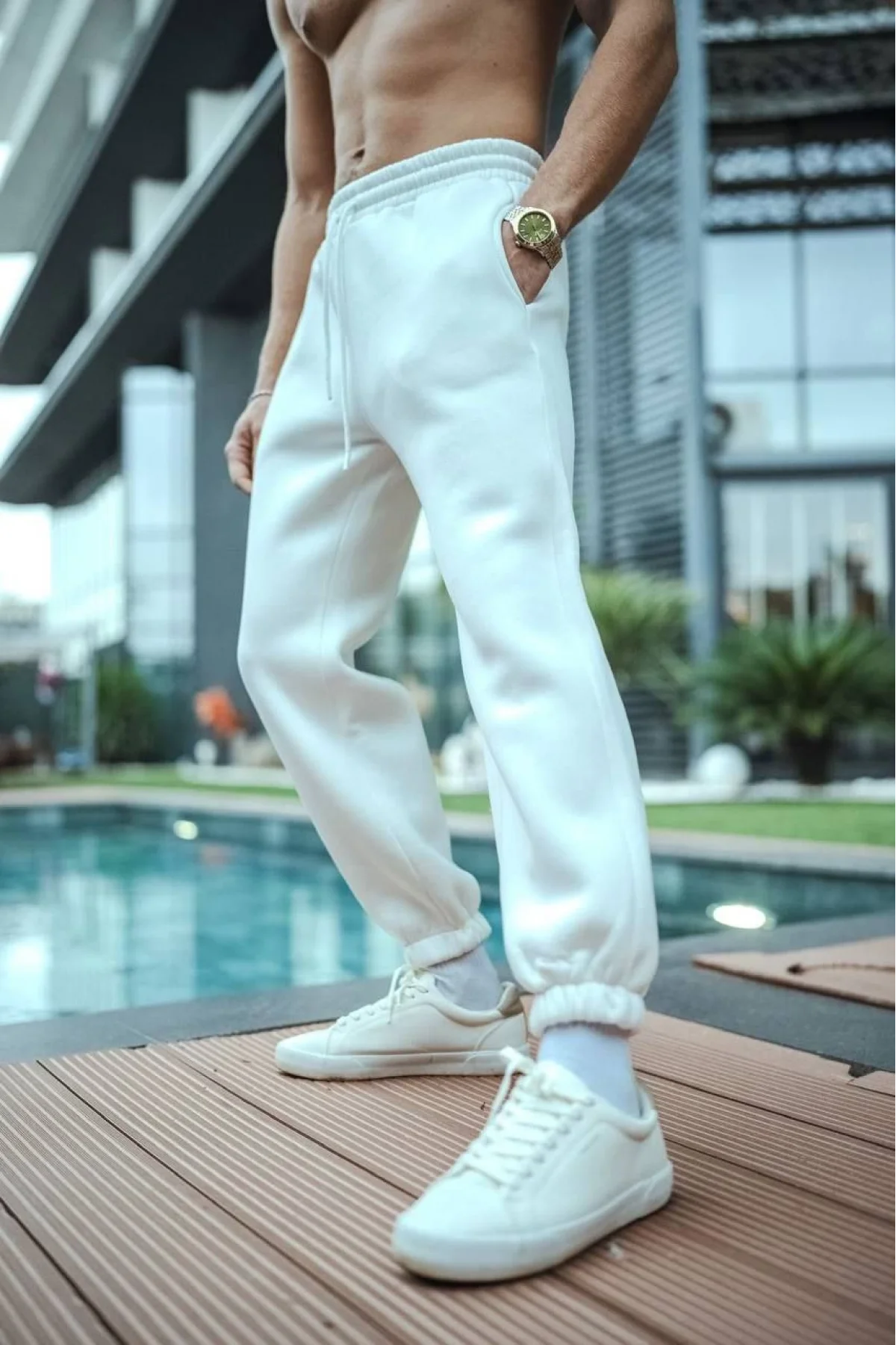 Erkek 3 İplik Pamuklu Paçası Lastikli Cepli Eşofman Pantolon - Beyaz