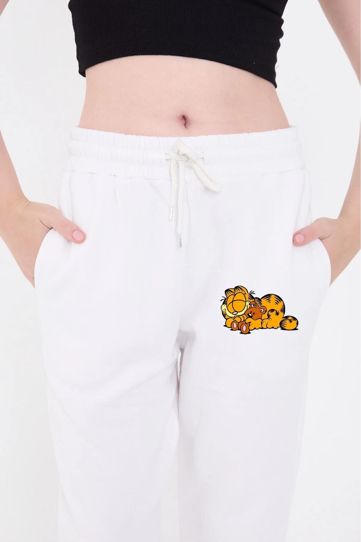 Kadın Üç İplik Pamuklu  Baskılı Paçası Lastikli Cepli Eşofman Pantolon - Beyaz
