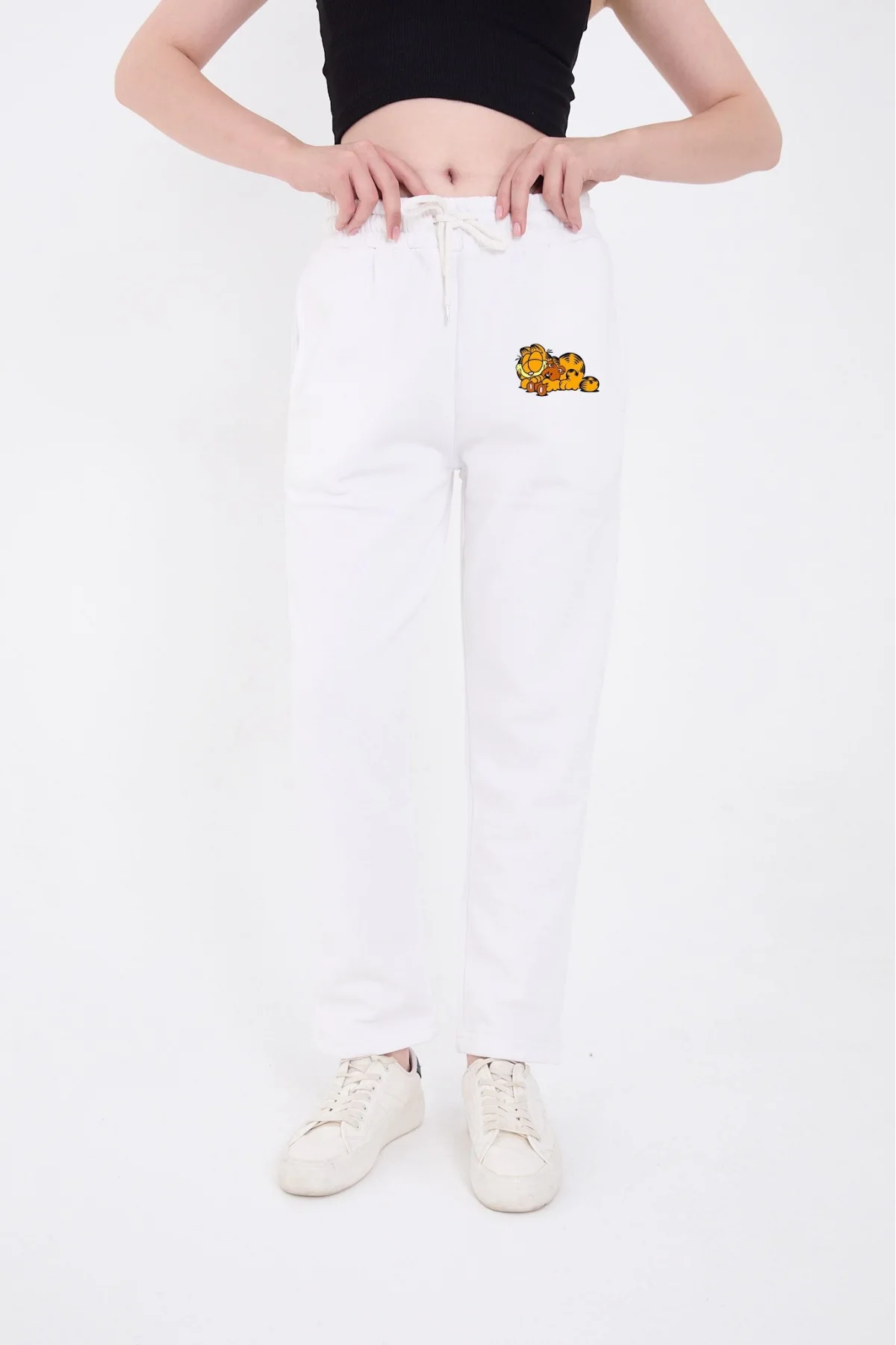 Kadın Üç İplik Pamuklu  Baskılı Paçası Lastikli Cepli Eşofman Pantolon - Beyaz