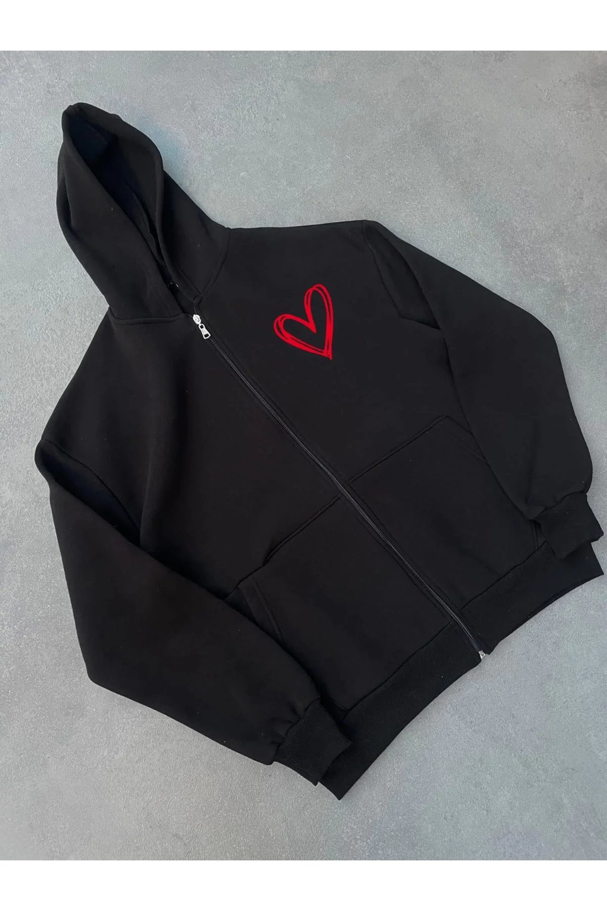 Üç İplik Baskılı Fermuarlı Kapüşonlu Hırka - Siyah