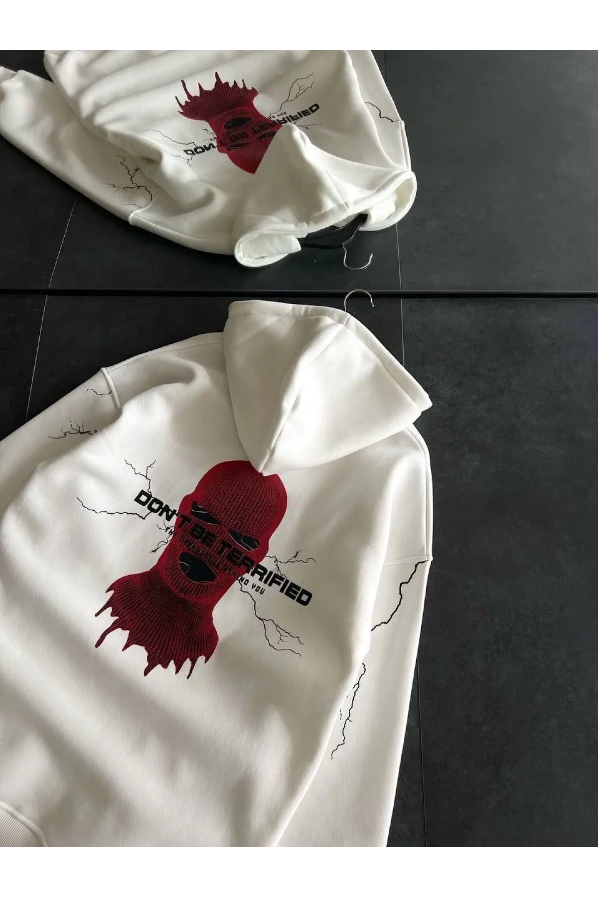 Üç İplik Kapüşonlu Baskılı Oversize SweatShirt- Beyaz