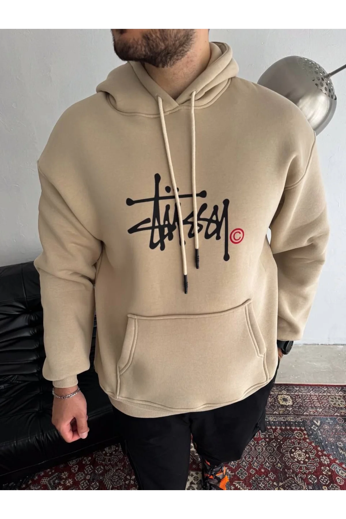 Erkek Üç İplik Kapşonlu Baskılı SweatShirt - Bej