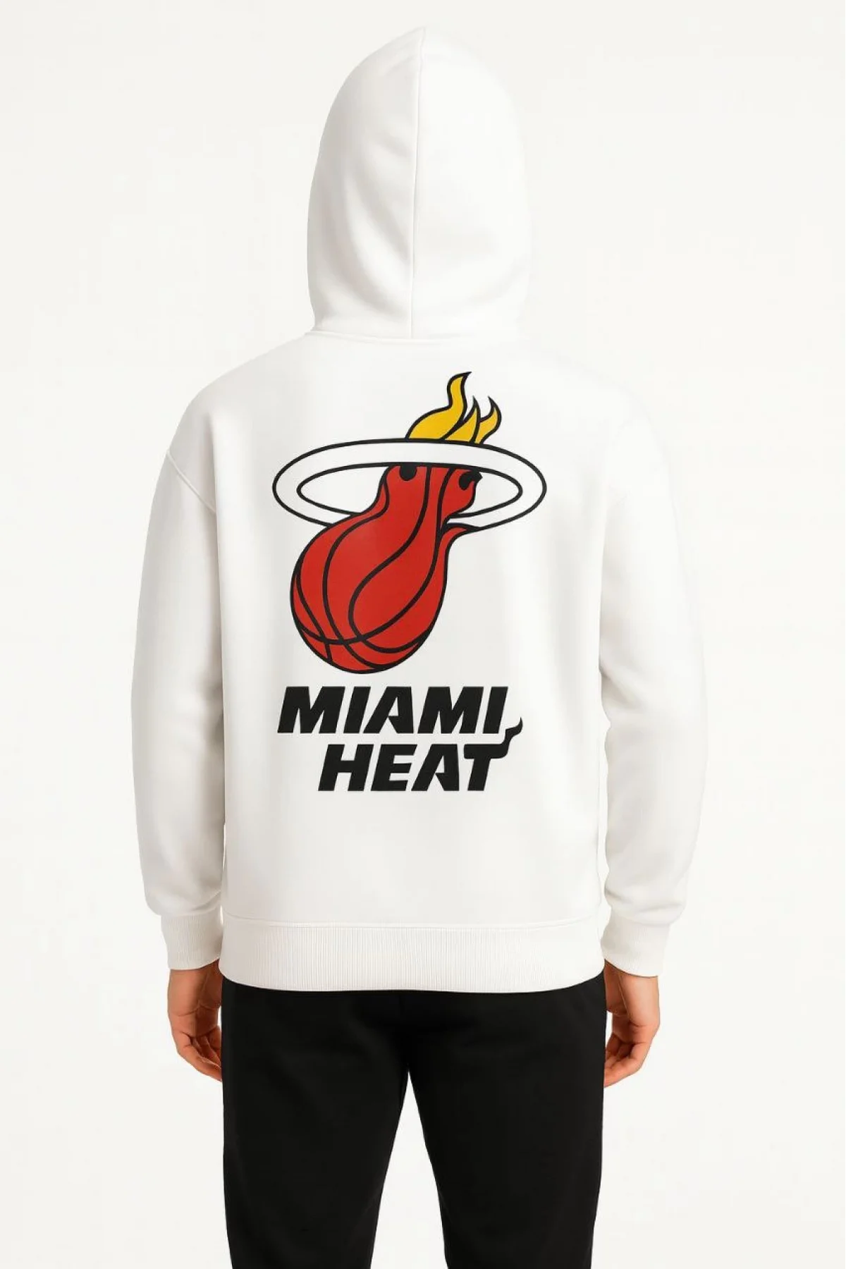 Erkek Kapşonlu Sweatshirt – Üç İplik Şardonlu Kumaş, Oversize Fit, Ön & Arka Baskılı, Kanguru Cepli, Kışlık Rahat Hoodie - Beyaz