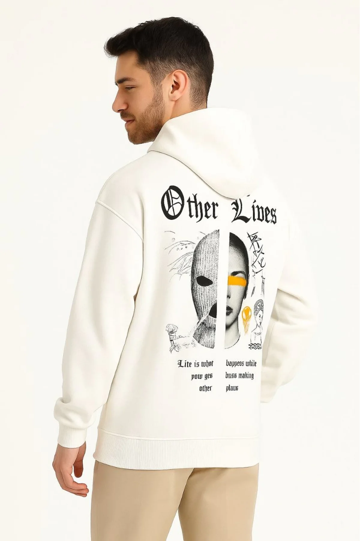 Erkek Kapşonlu Sweatshirt – Oversize Üç İplik Şardonlu Hoodie, “Other Lives” Ön & Arka Baskılı, Kanguru Cepli, Kışlık Rahat Günlük Stil - Beyaz