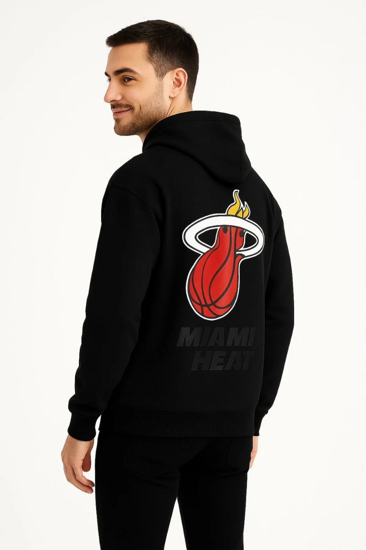 Erkek Kapşonlu Sweatshirt – Üç İplik Şardonlu Kumaş, Oversize Fit, Ön & Arka Baskılı, Kanguru Cepli, Kışlık Rahat Hoodie - Siyah