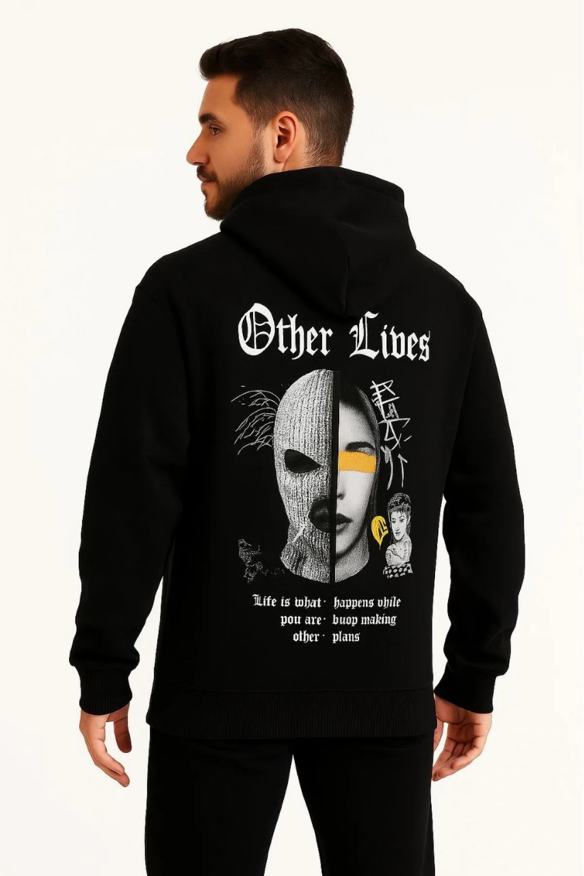 Erkek Kapşonlu Sweatshirt – Oversize Üç İplik Şardonlu Hoodie, “Other Lives” Ön & Arka Baskılı, Kanguru Cepli, Kışlık Rahat Günlük Stil - Siyah