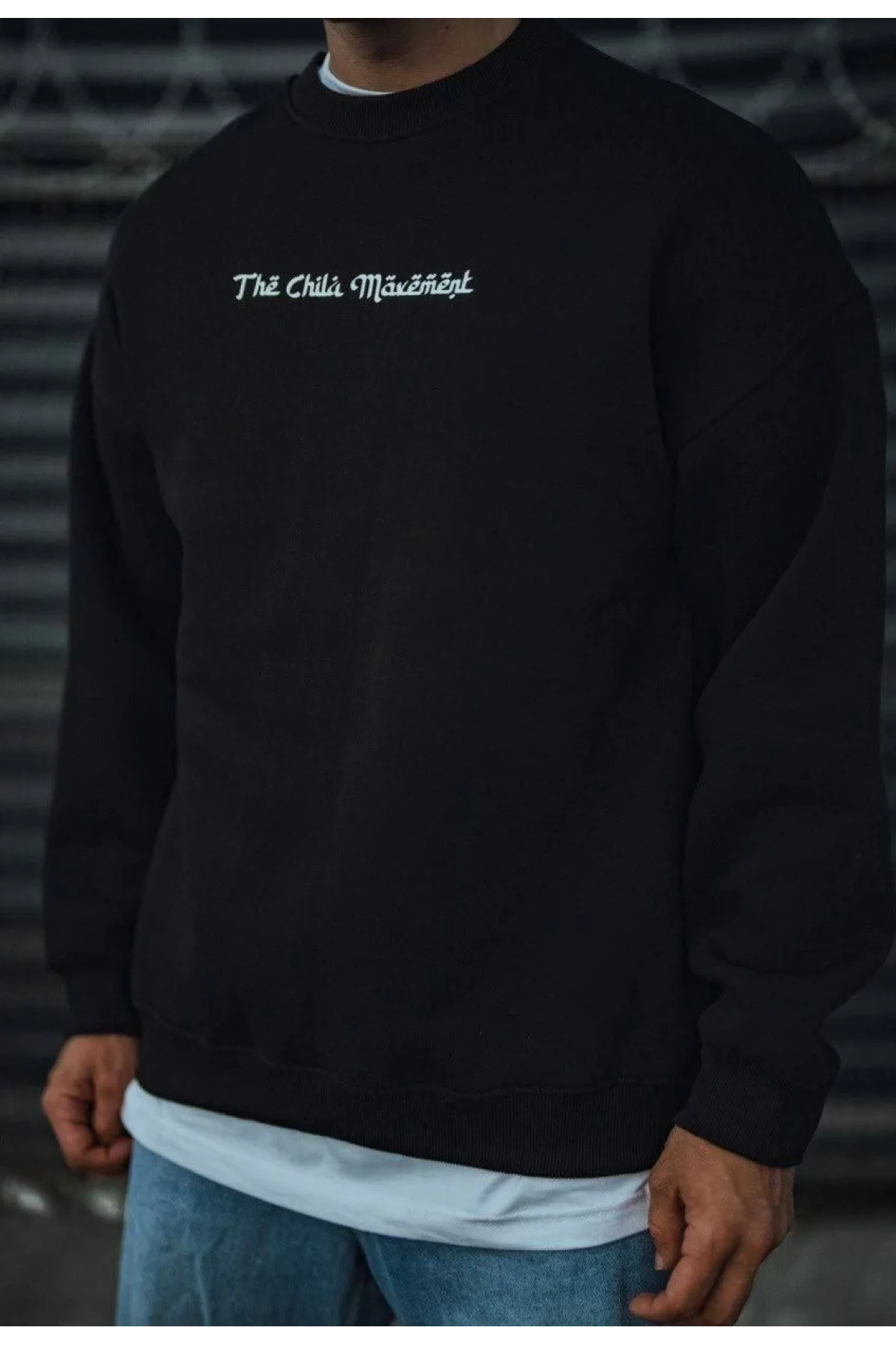 Erkek 3 iplik Pamuklu Bisiklet Yaka Baskılı SweatShirt - Siyah