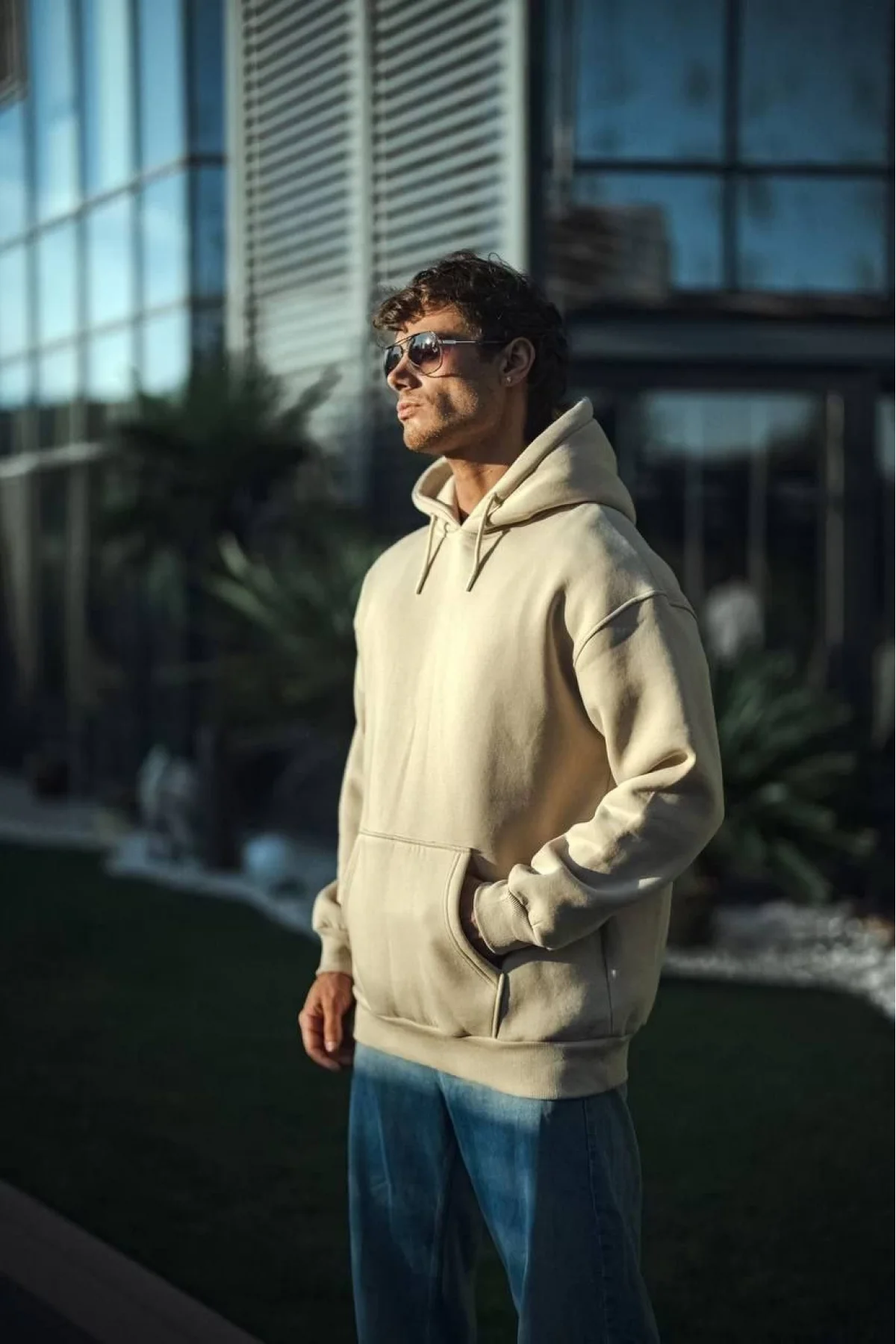 Üç İplik Penye Kapşonlu Basic SweatShirt - Bej