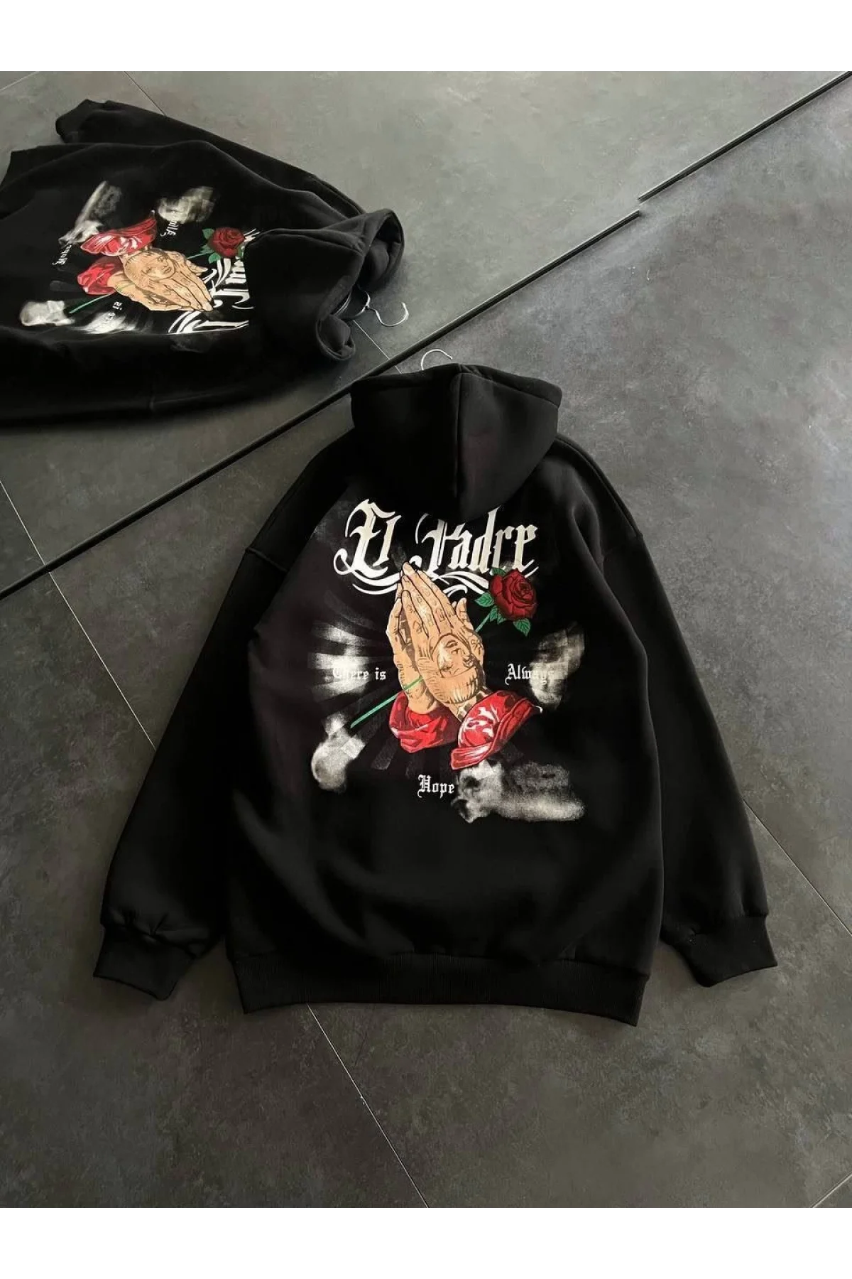 Üç İplik Penye Uzun Kol Kapşonlu Baskılı SweatShirt - Siyah