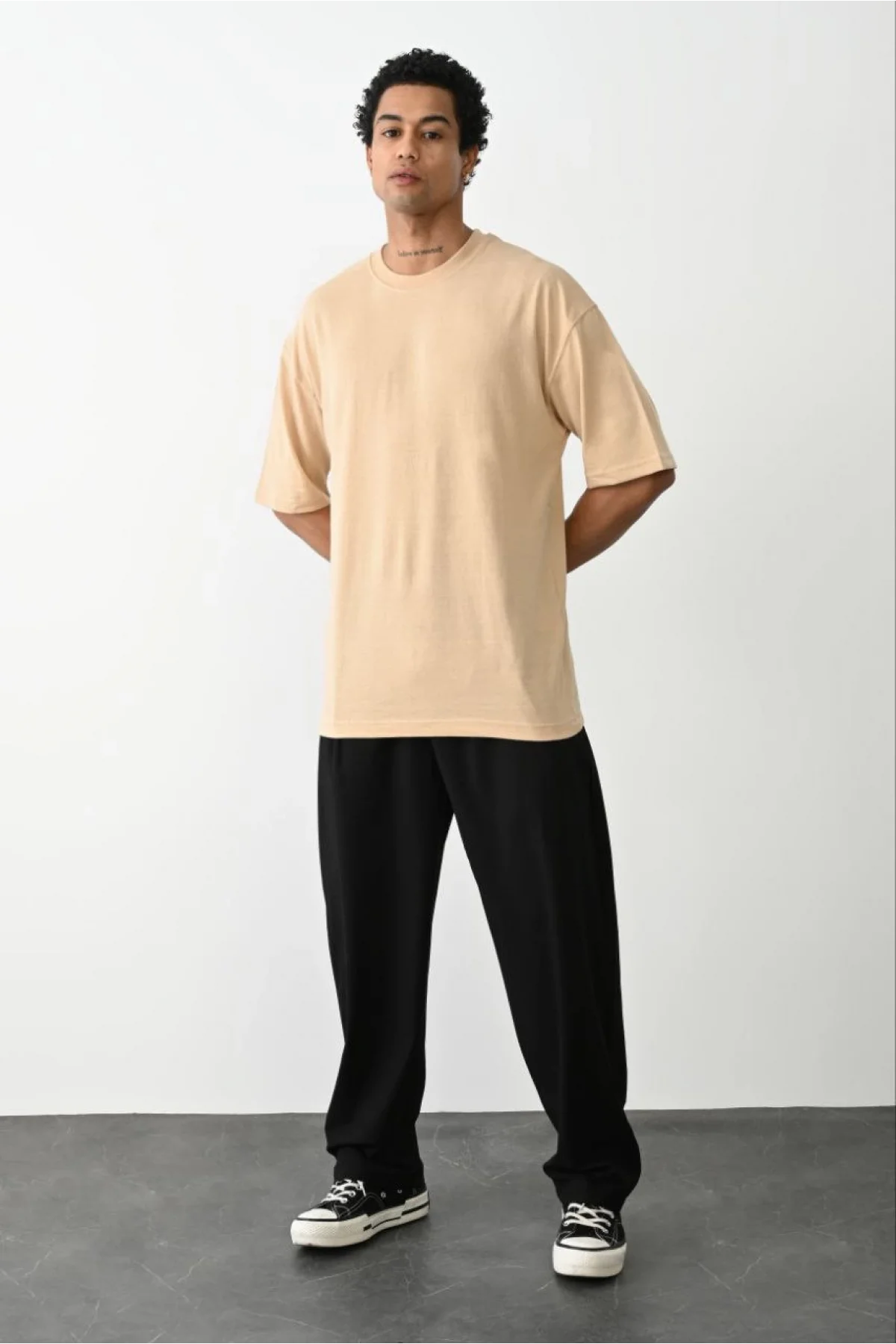 Erkek Düz Basic Bisiklet Yaka Kısa kol T-Shirt - Bej