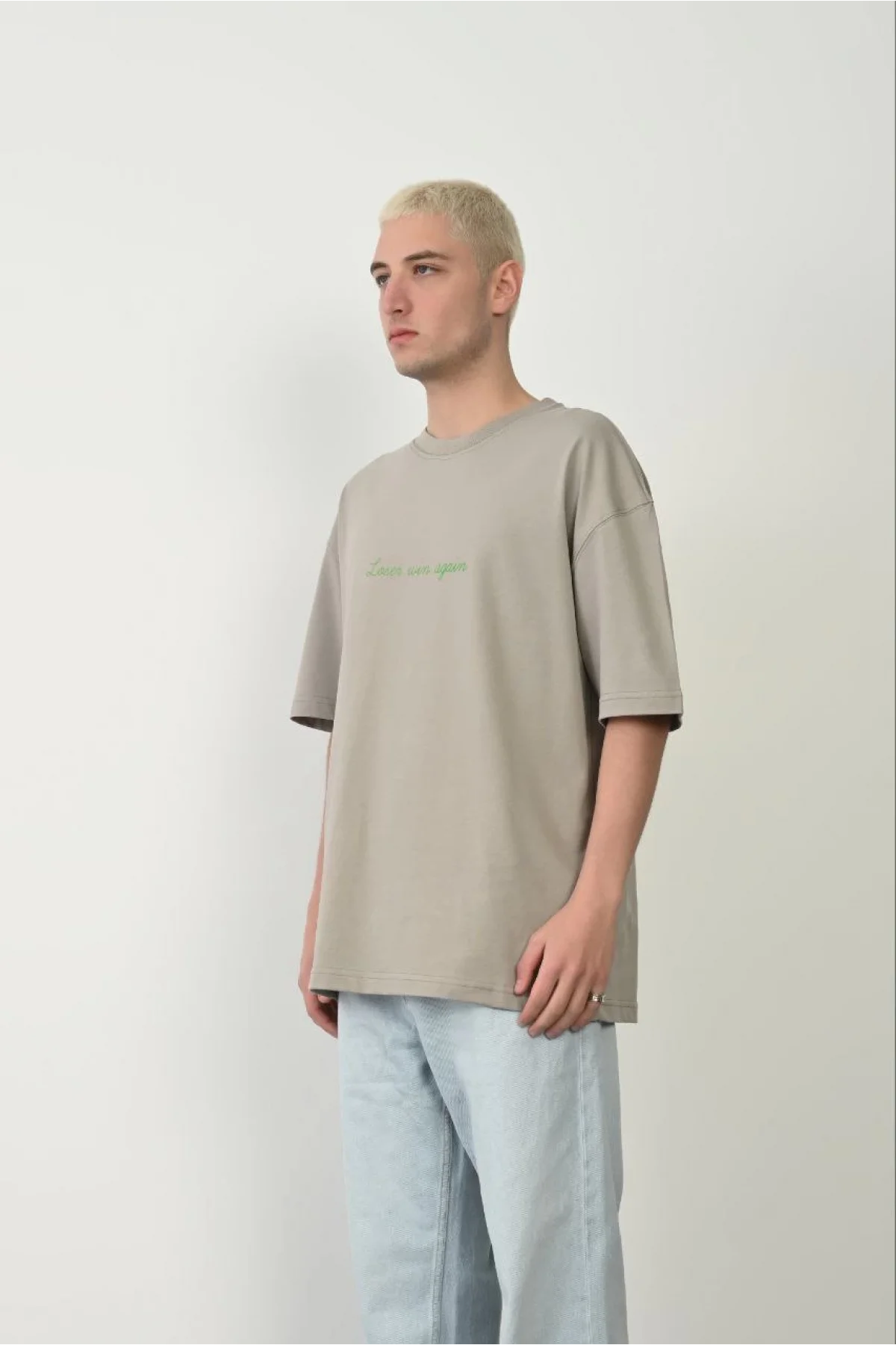 Erkek Baskılı T-Shirt Kısa Kol Bisiklet Yaka Rahat Kalıp Tişört  - Boyalı Gri