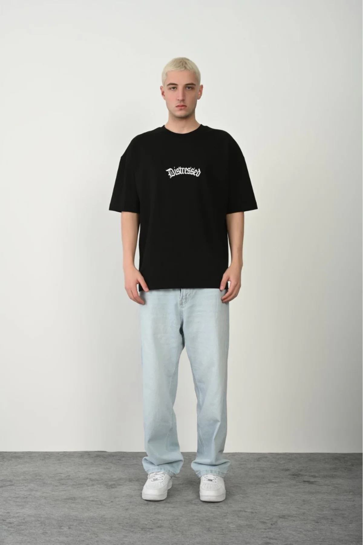 Erkek Baskılı T-Shirt Kısa Kol Bisiklet Yaka Rahat Kalıp Tişört - Siyah