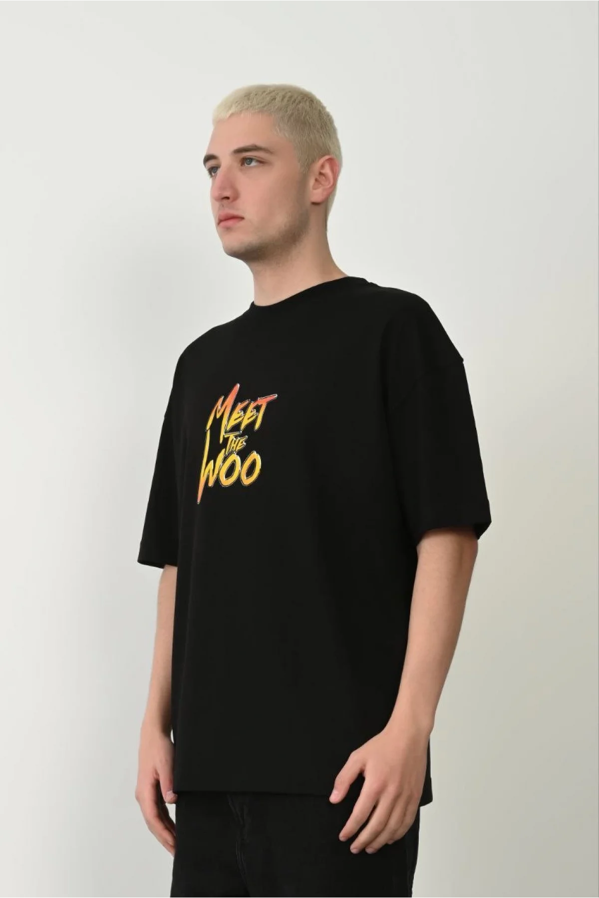 Erkek Baskıkı Kısa kok Bisiklet Yaka  T-Shirt - Siyah