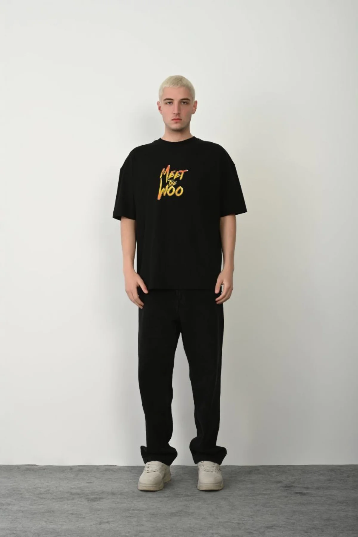 Erkek Baskıkı Kısa kok Bisiklet Yaka  T-Shirt - Siyah