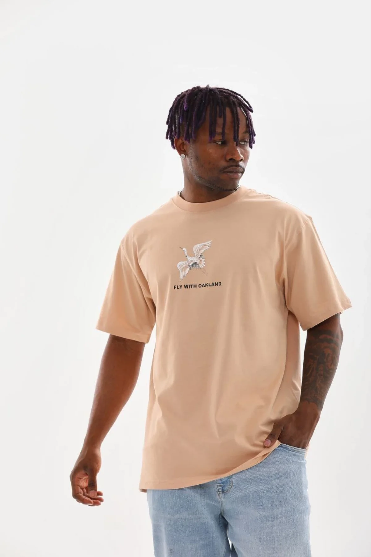 Unisex Baskılı Oversize T-Shirt - Bej