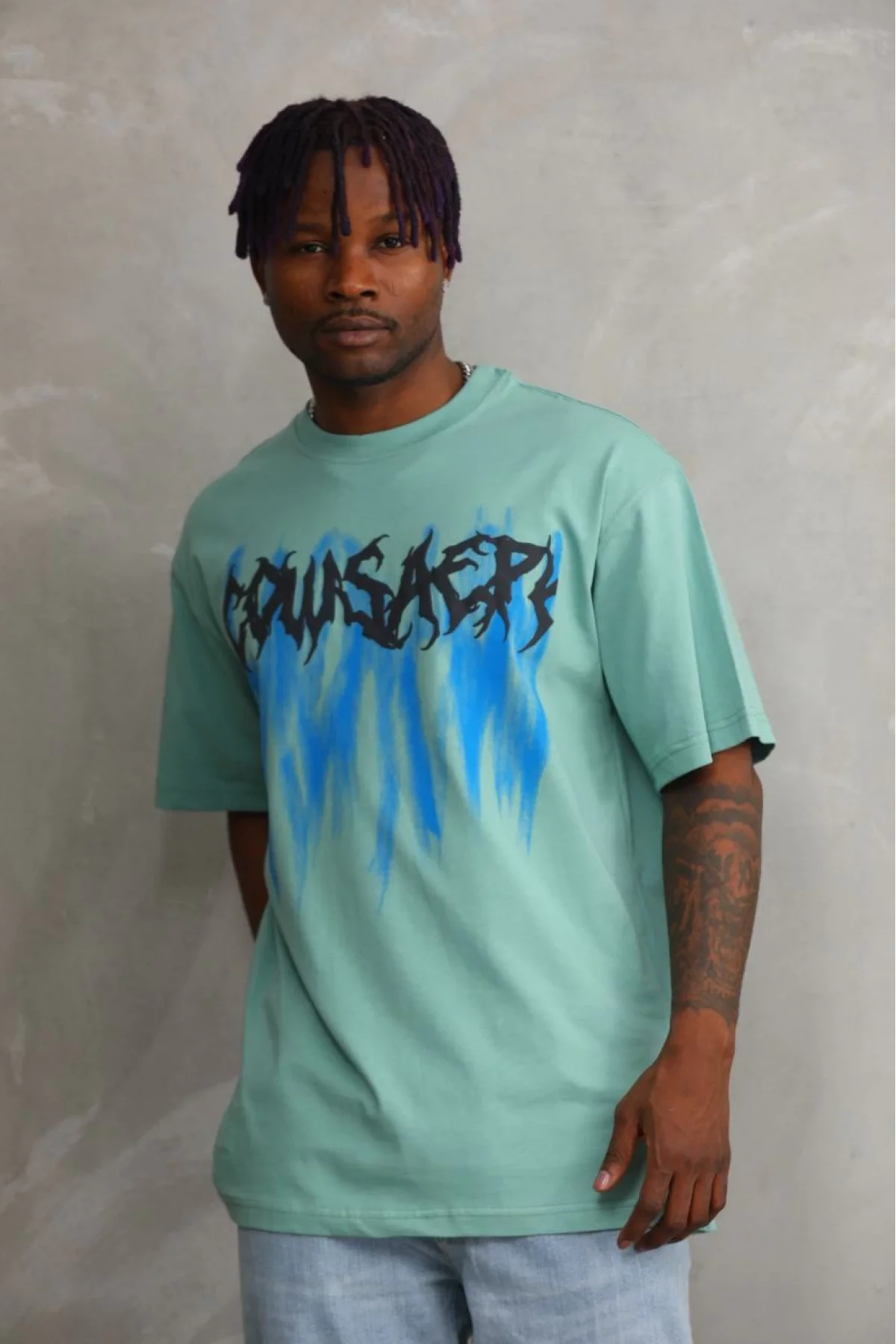 Erkek Baskılı T-Shirt Kısa Kol Bisiklet Yaka Rahat Kalıp Tişört - Mint Yeşili