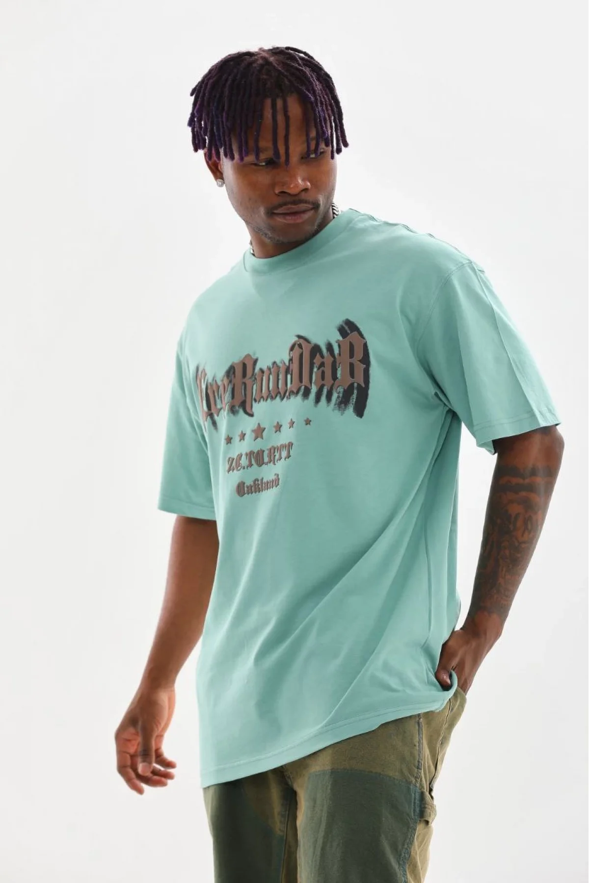 Erkek Baskılı T-Shirt Kısa Kol Bisiklet Yaka Rahat Kalıp Tişört - Mint Yeşili