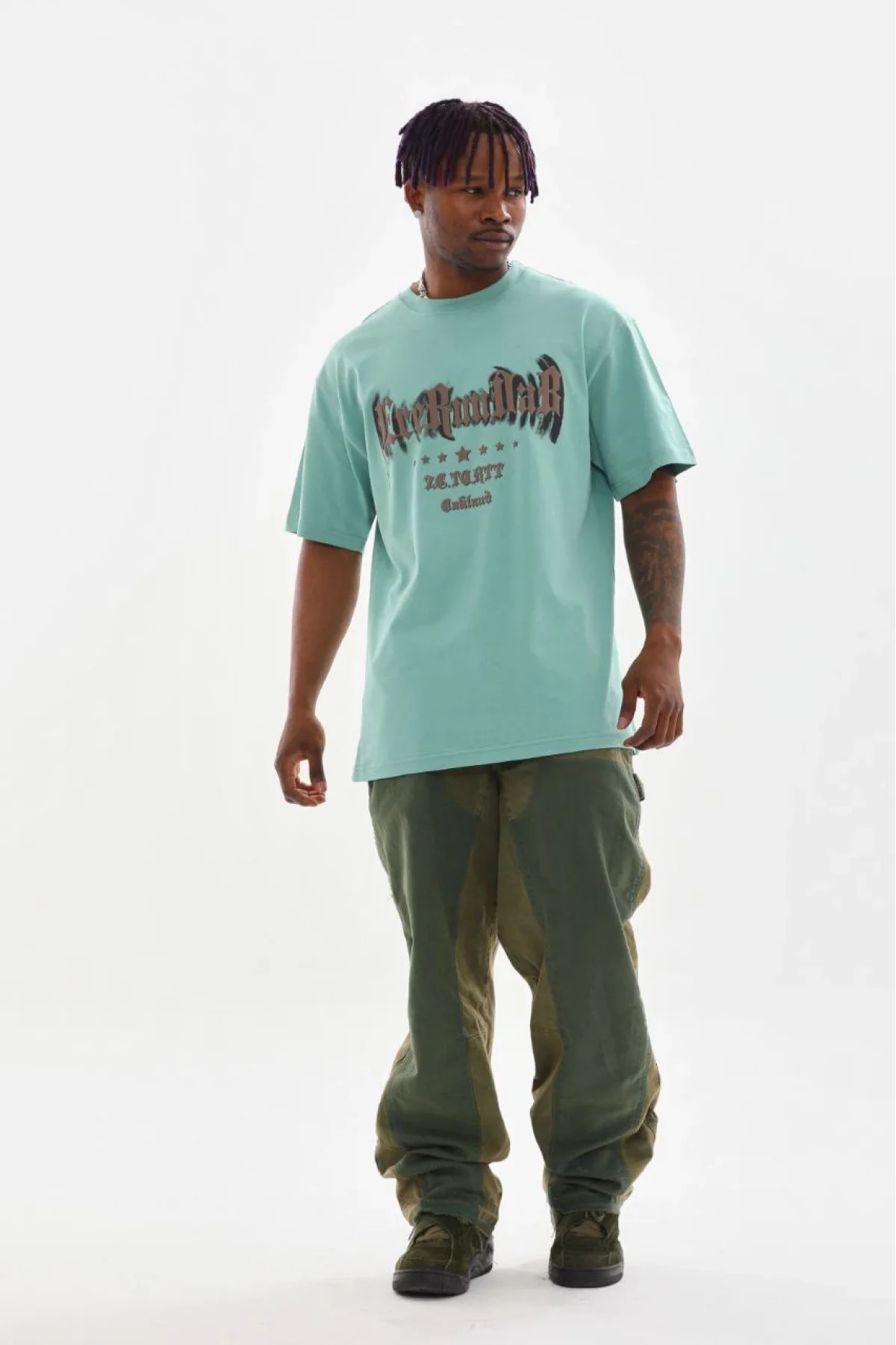 Erkek Baskılı T-Shirt Kısa Kol Bisiklet Yaka Rahat Kalıp Tişört - Mint Yeşili