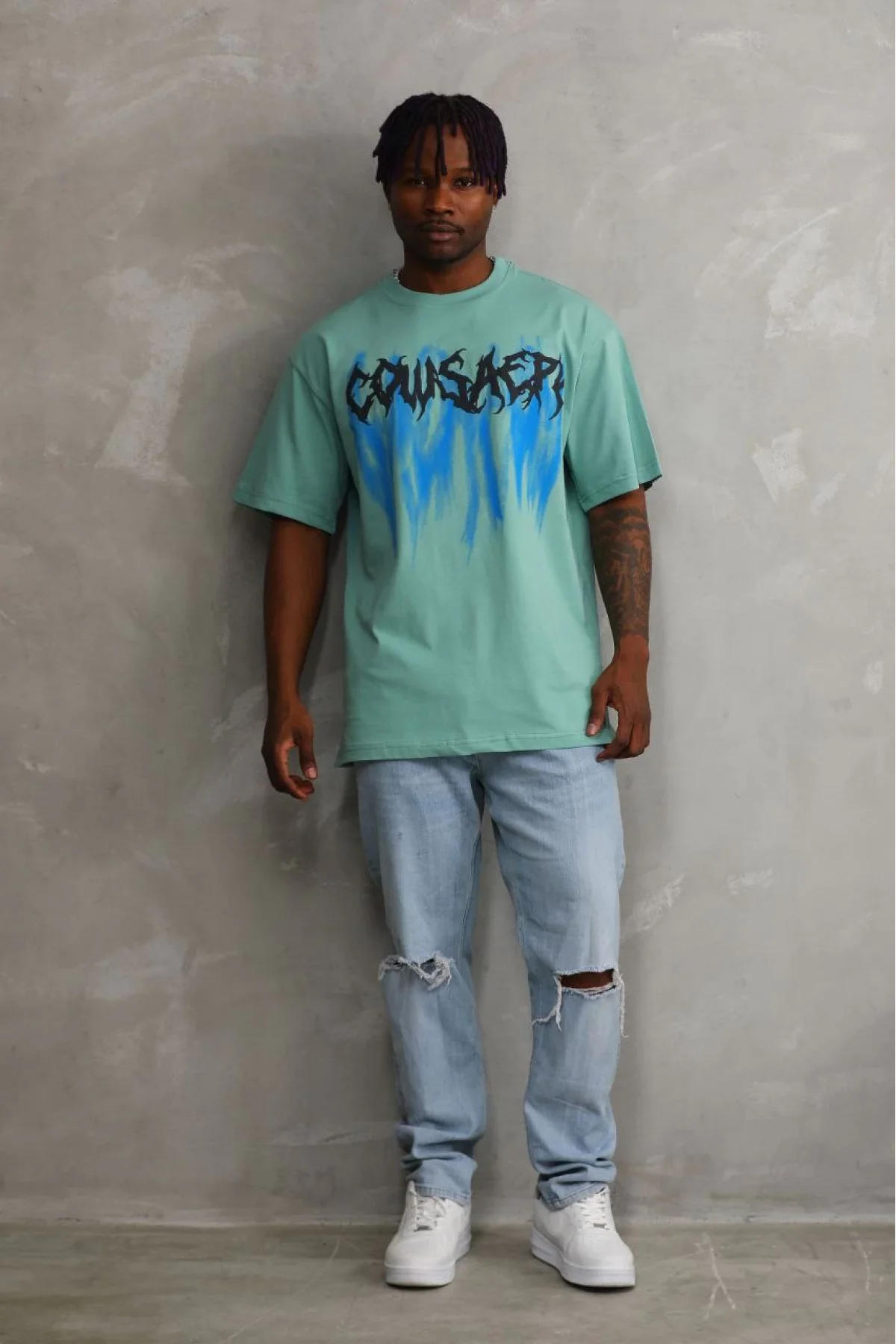 Erkek Baskılı T-Shirt Kısa Kol Bisiklet Yaka Rahat Kalıp Tişört - Mint Yeşili