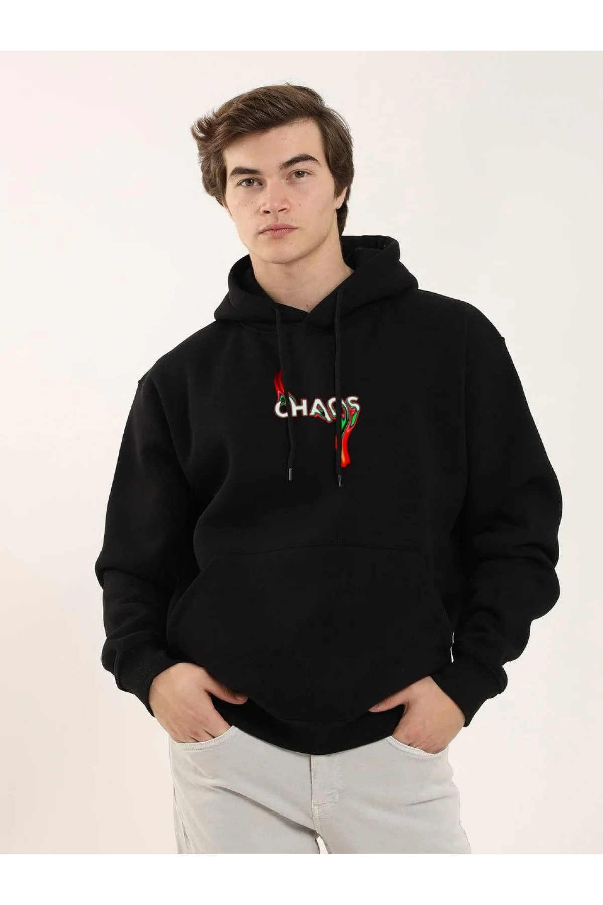 Unisex Baskılı Oversize Üç İplik Kapüşonlu Sweatshirt - Siyah