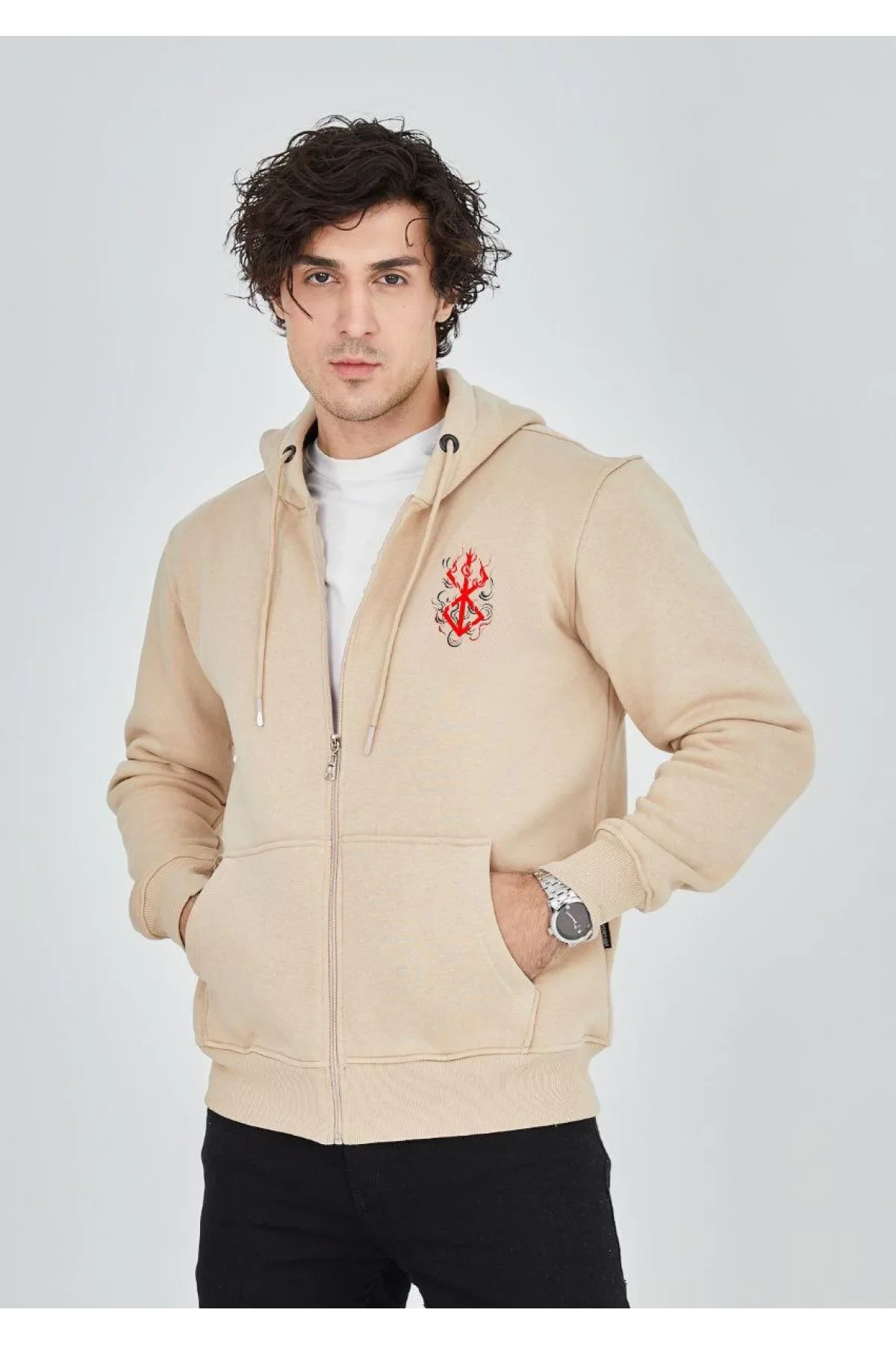 Unisex Baskılı Tam Fermuarlı Kapşonlu SweatShirt - Bej