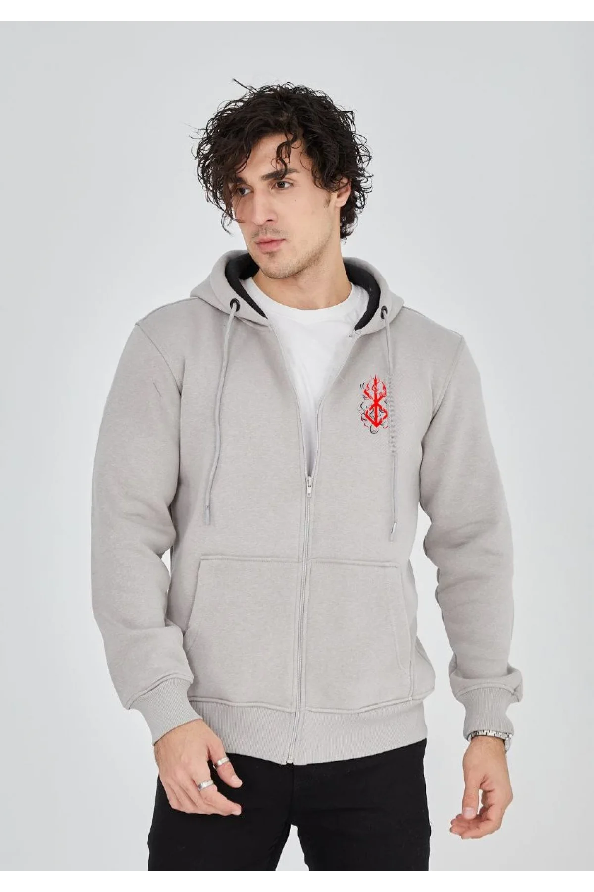 Unisex Baskılı Tam Fermuarlı Kapşonlu SweatShirt - Boyalı Gri