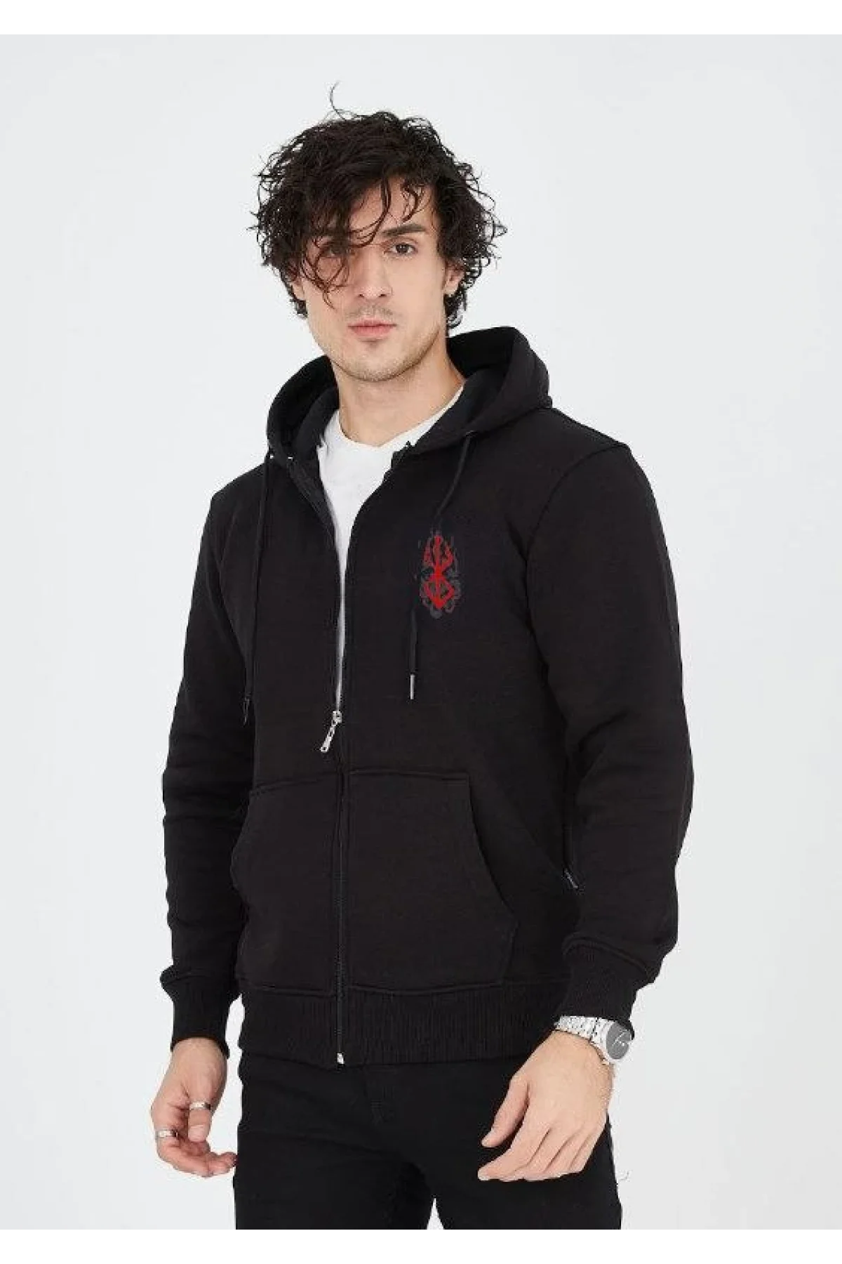 Unisex Baskılı Tam Fermuarlı Kapşonlu SweatShirt - Siyah