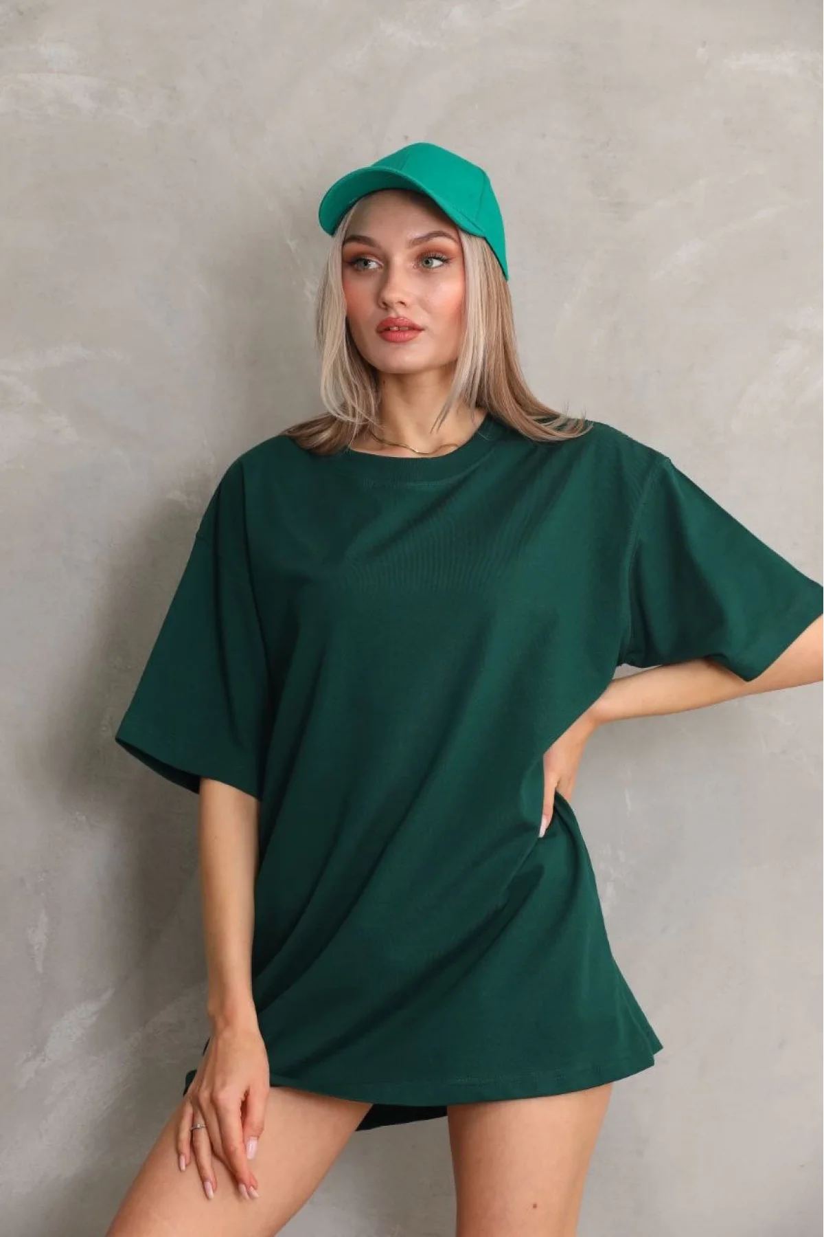 Kadın Düz A Kalite Pamuklu Penye T-shirt- Yeşil