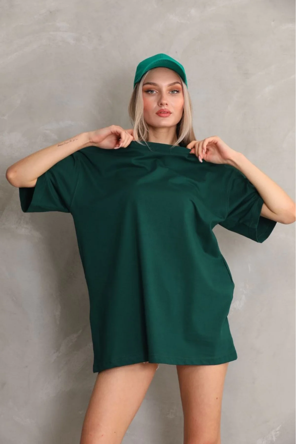 Kadın Düz A Kalite Pamuklu Penye T-shirt- Yeşil