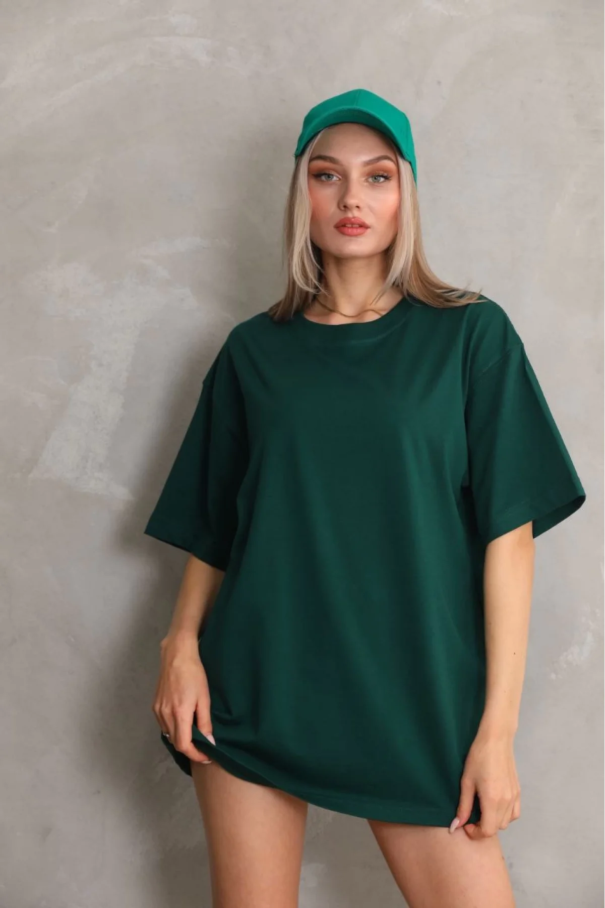 Kadın Düz A Kalite Pamuklu Penye T-shirt- Yeşil