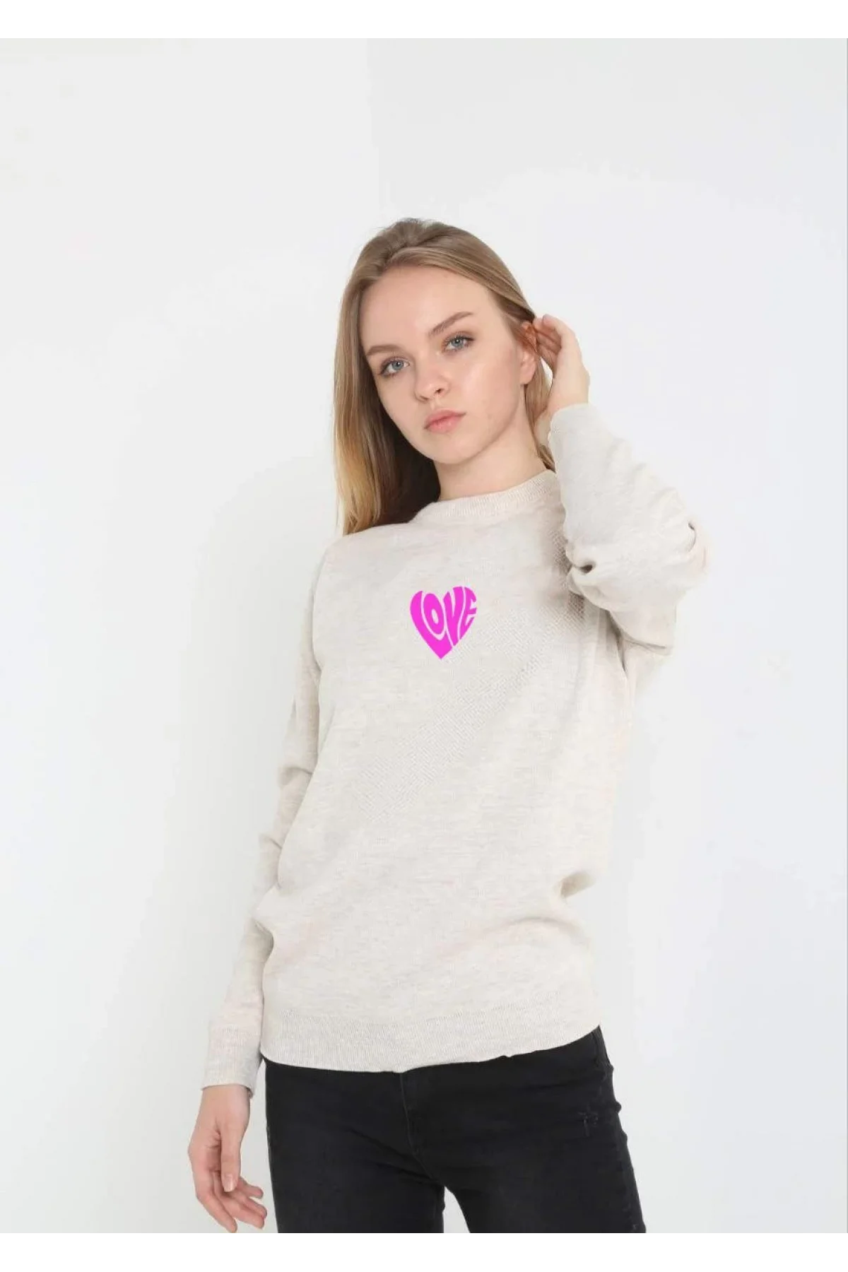 Unisex Bisiklet Yaka Baskılı Dokuma Triko - Bej