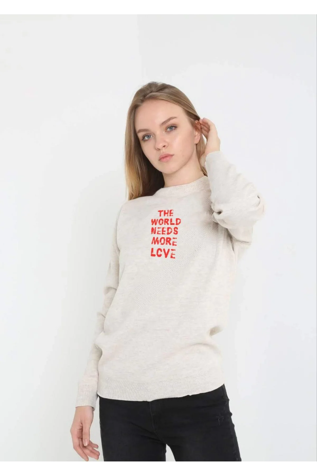 Unisex Bisiklet Yaka Baskılı Dokuma Triko - Bej