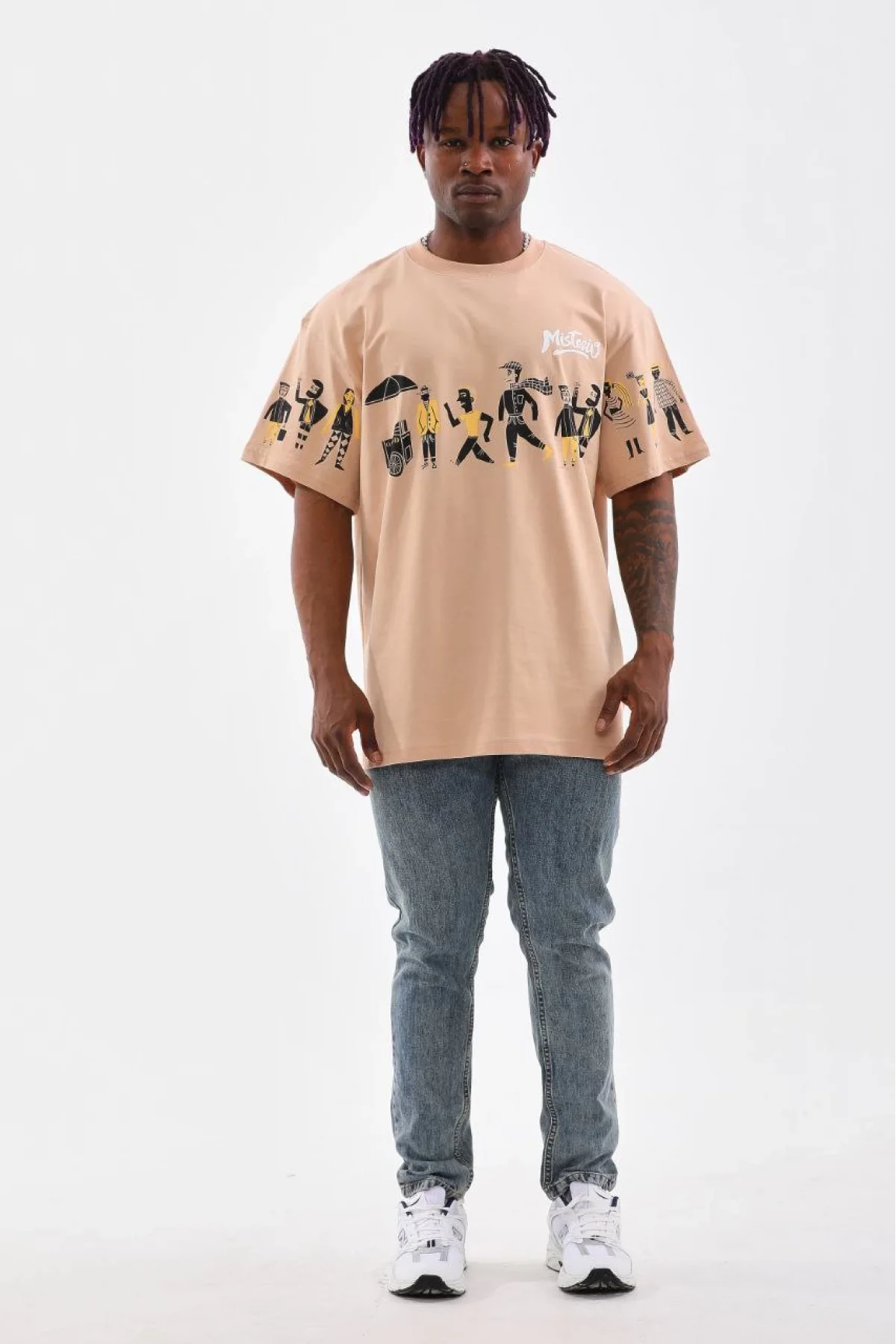 Unisex Bisiklet Yaka Baskılı Oversize T-Shirt - Bej