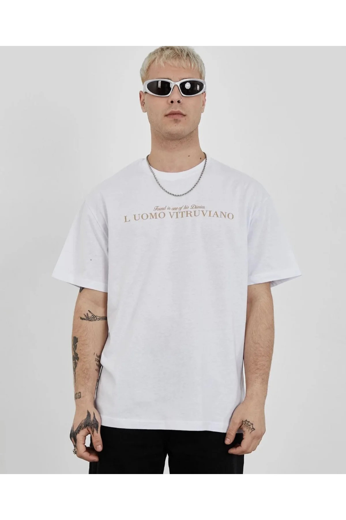 Unisex Bisiklet Yaka Baskılı Oversize T-Shirt - Beyaz